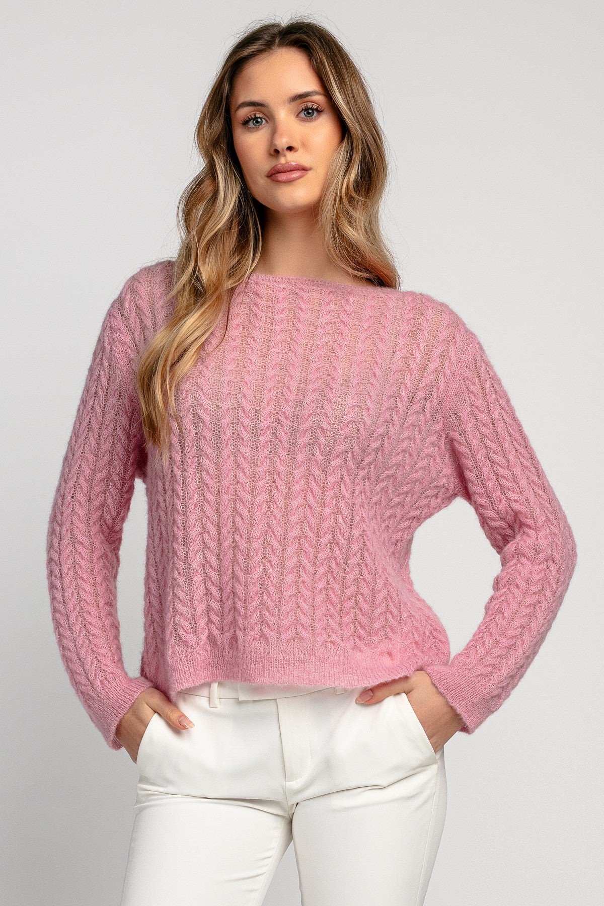 Delikatny sweter mgiełka z wełny alpaki szary Pink