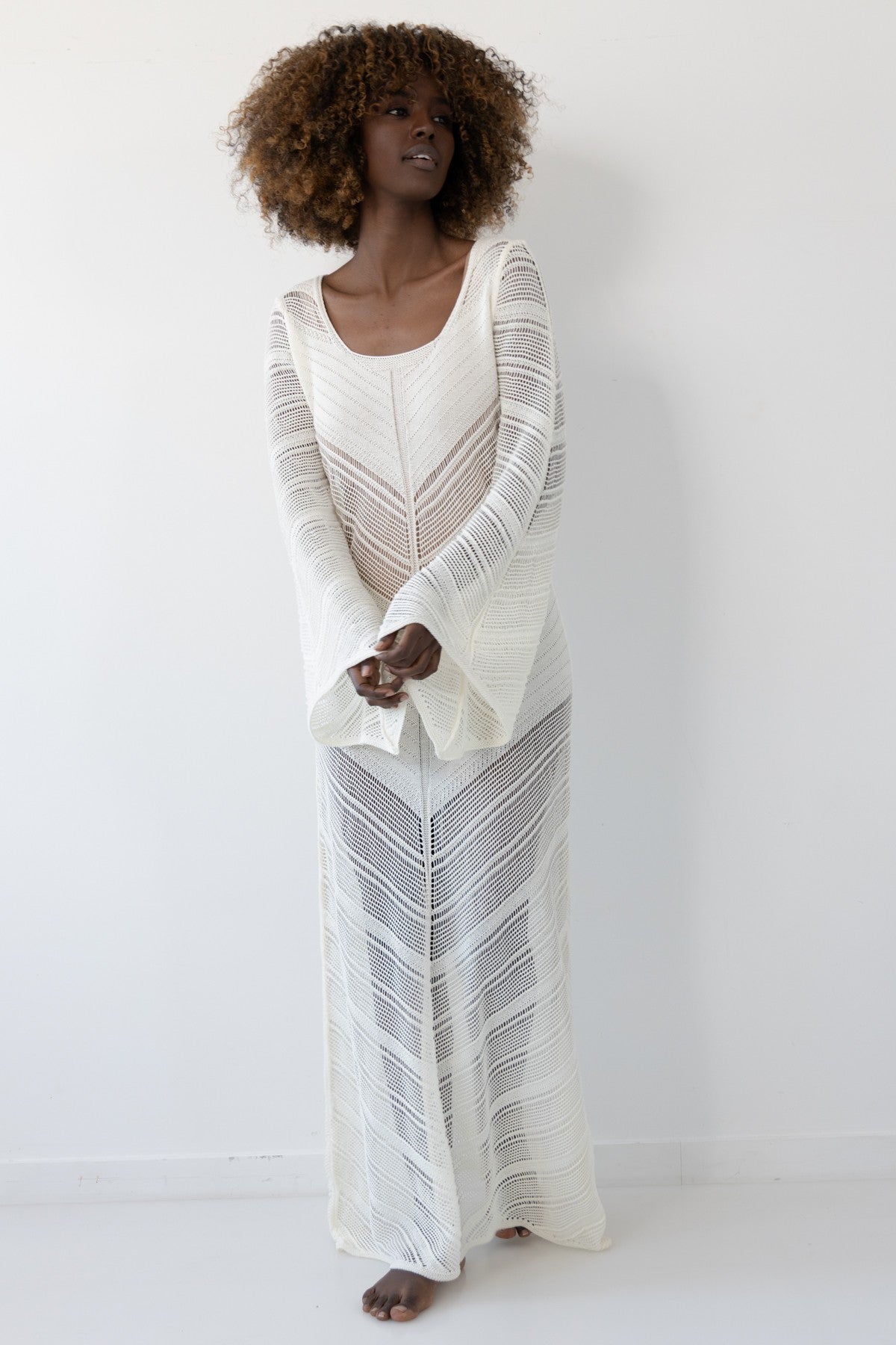 Długa ażurowa sukienka boho beżowy Ecru