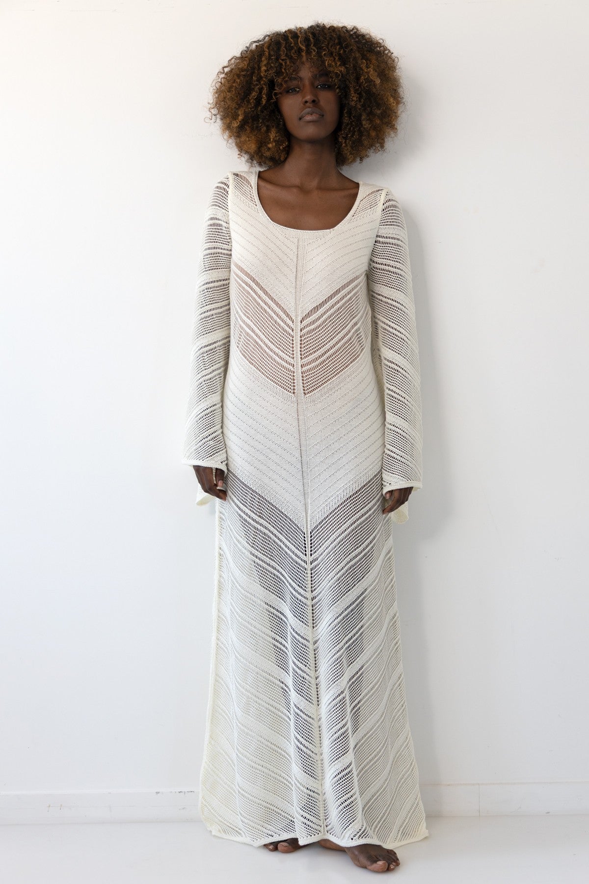 Długa ażurowa sukienka boho beżowy Ecru