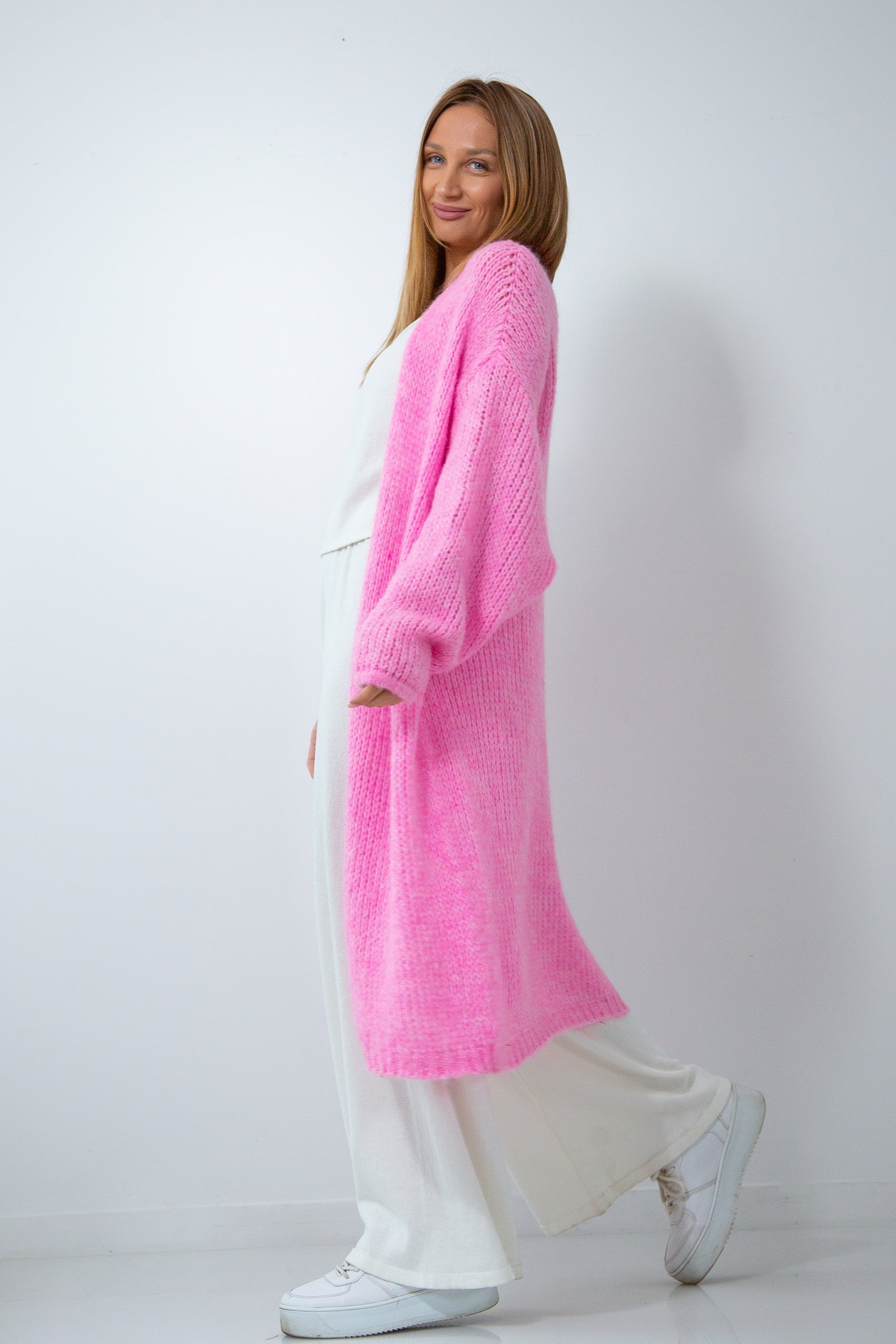 Długi wełniany kardigan beżowy Pink