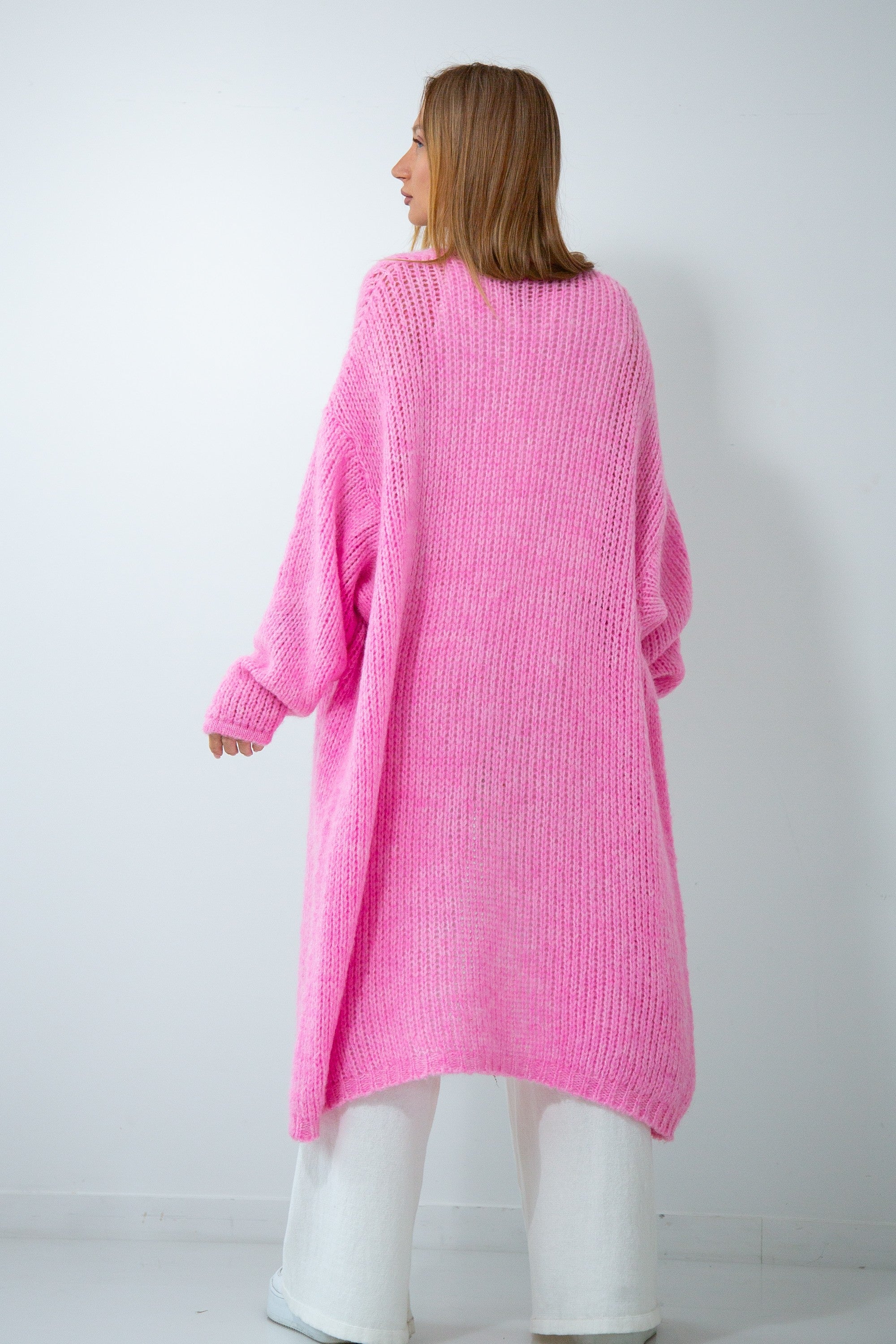 Długi wełniany kardigan beżowy Pink