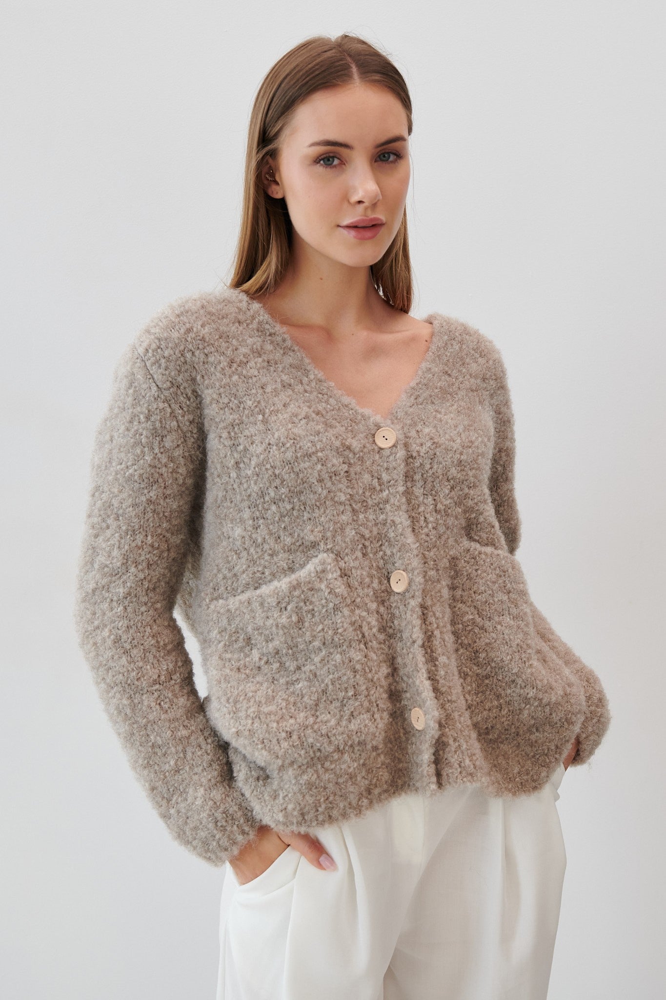 Kardigan z niefarbowanej wełny alpaki bucle beżowy