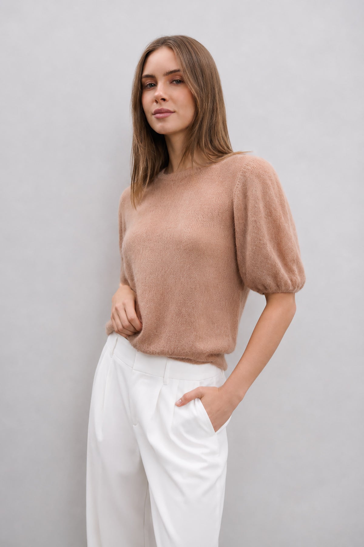 Baby alpaca and virgin wool short-sleeved sweater in pink