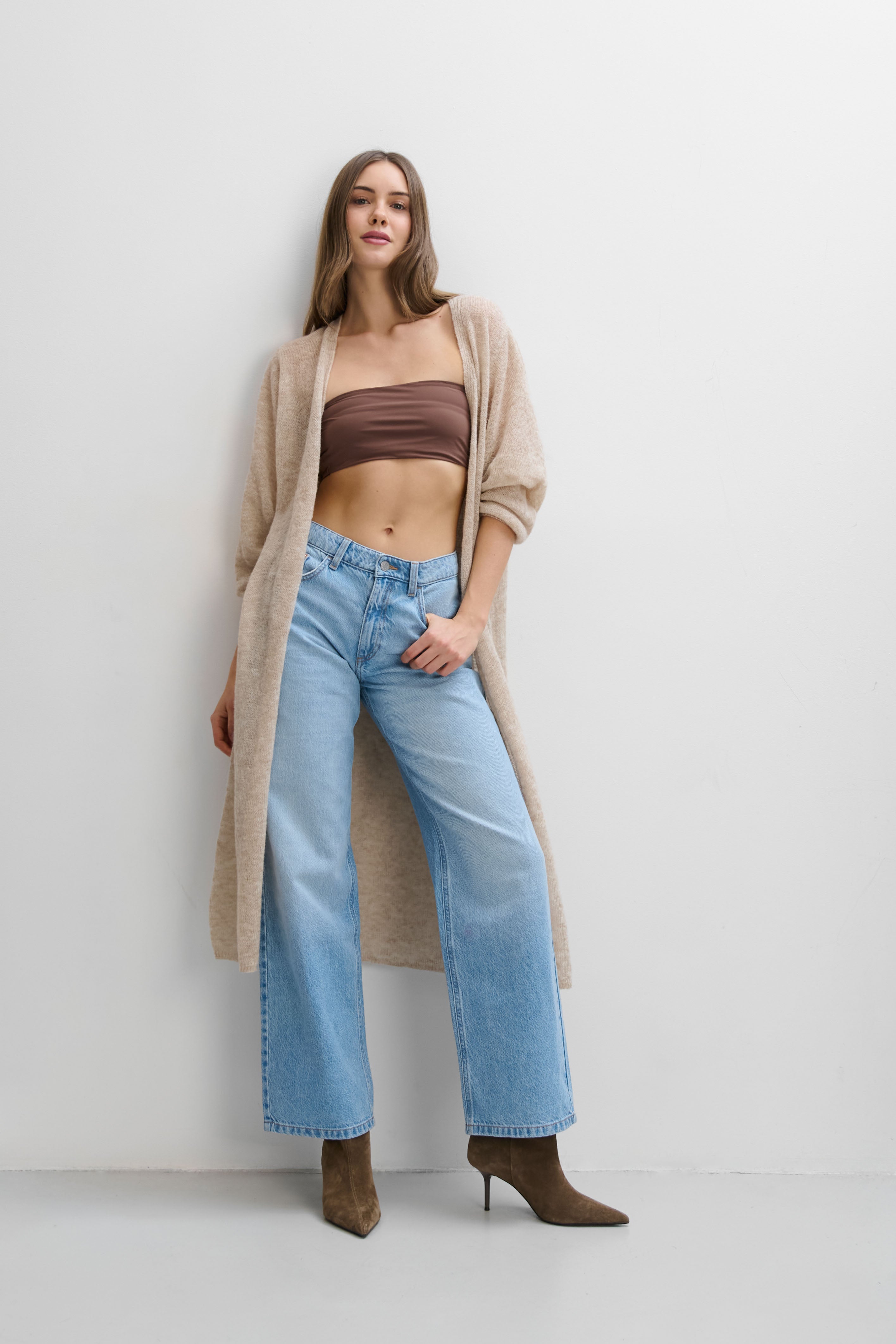 Langer Cardigan aus Babyalpakawolle und Schurwolle, beige