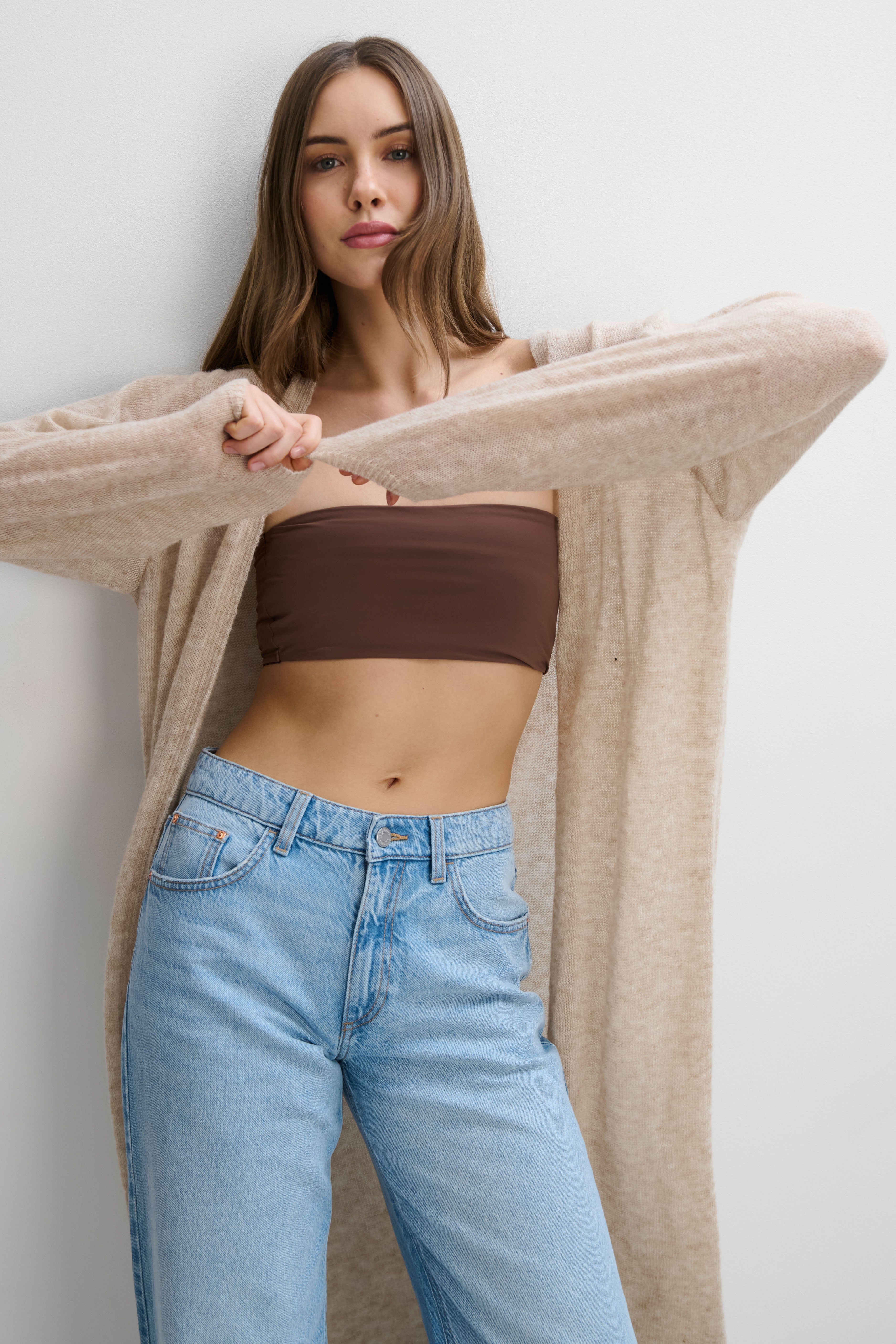 Langer Cardigan aus Babyalpakawolle und Schurwolle, beige