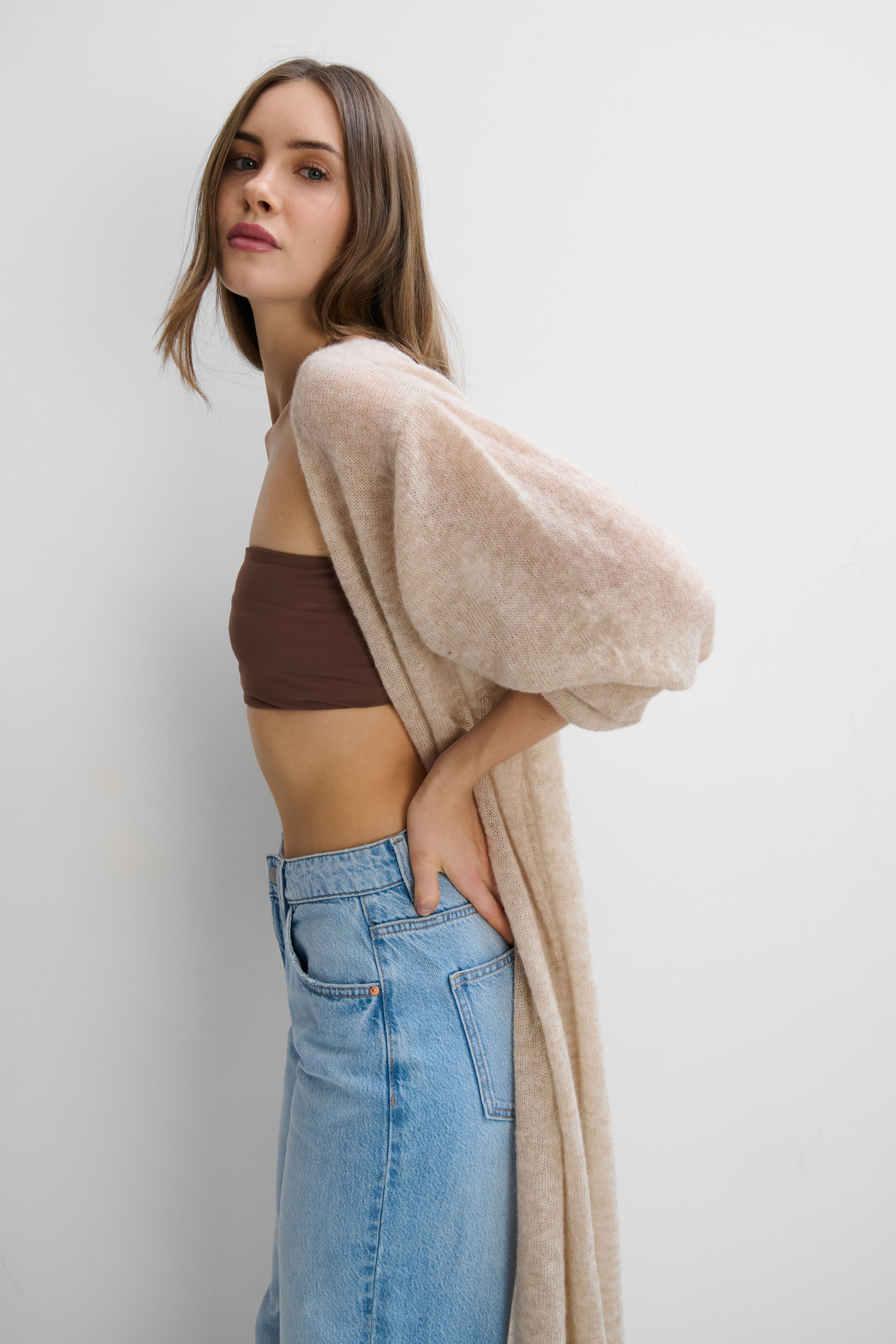 Langer Cardigan aus Babyalpakawolle und Schurwolle, beige