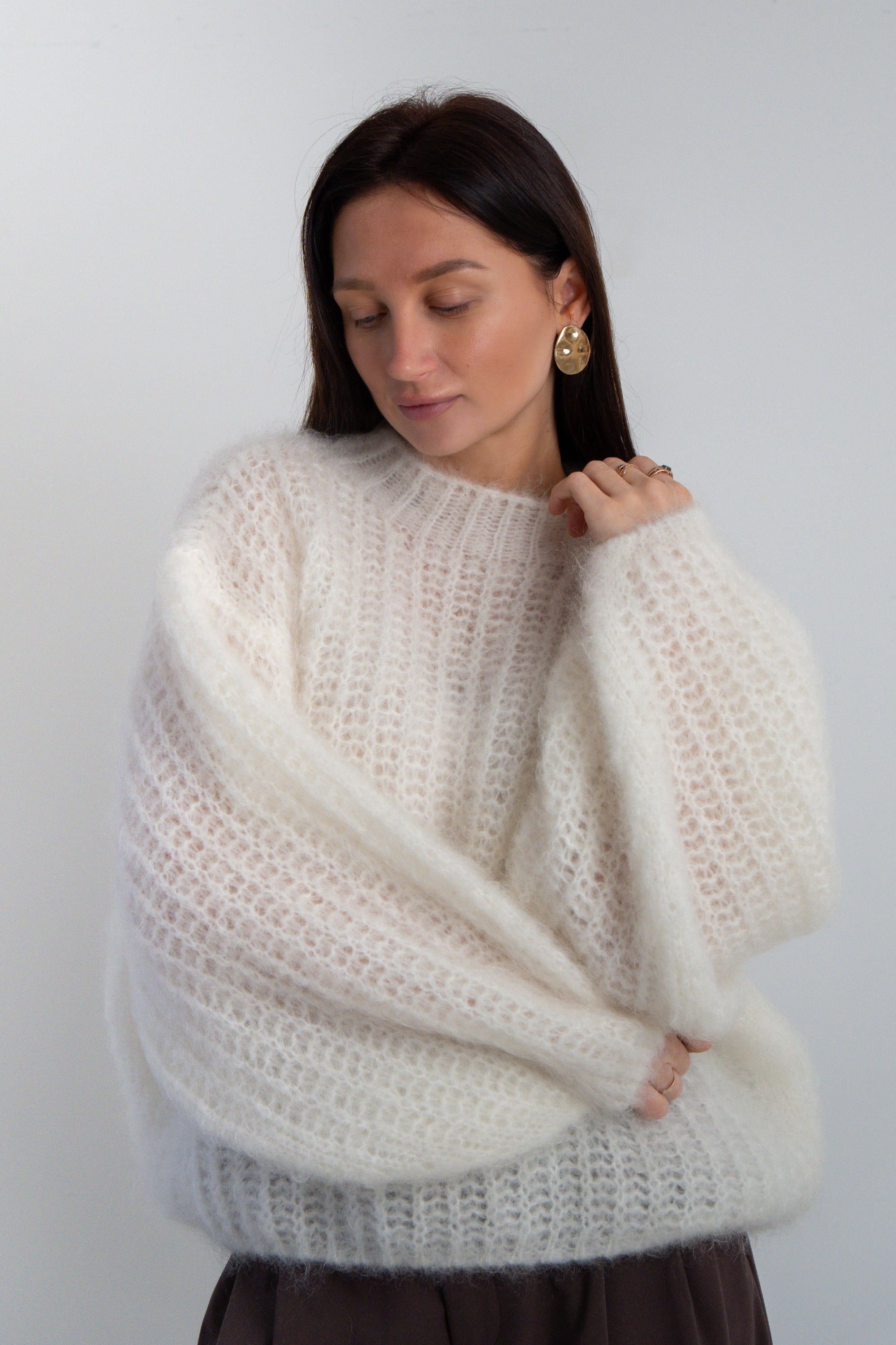 Sweter z wełny kid moher Feather Touch ecru