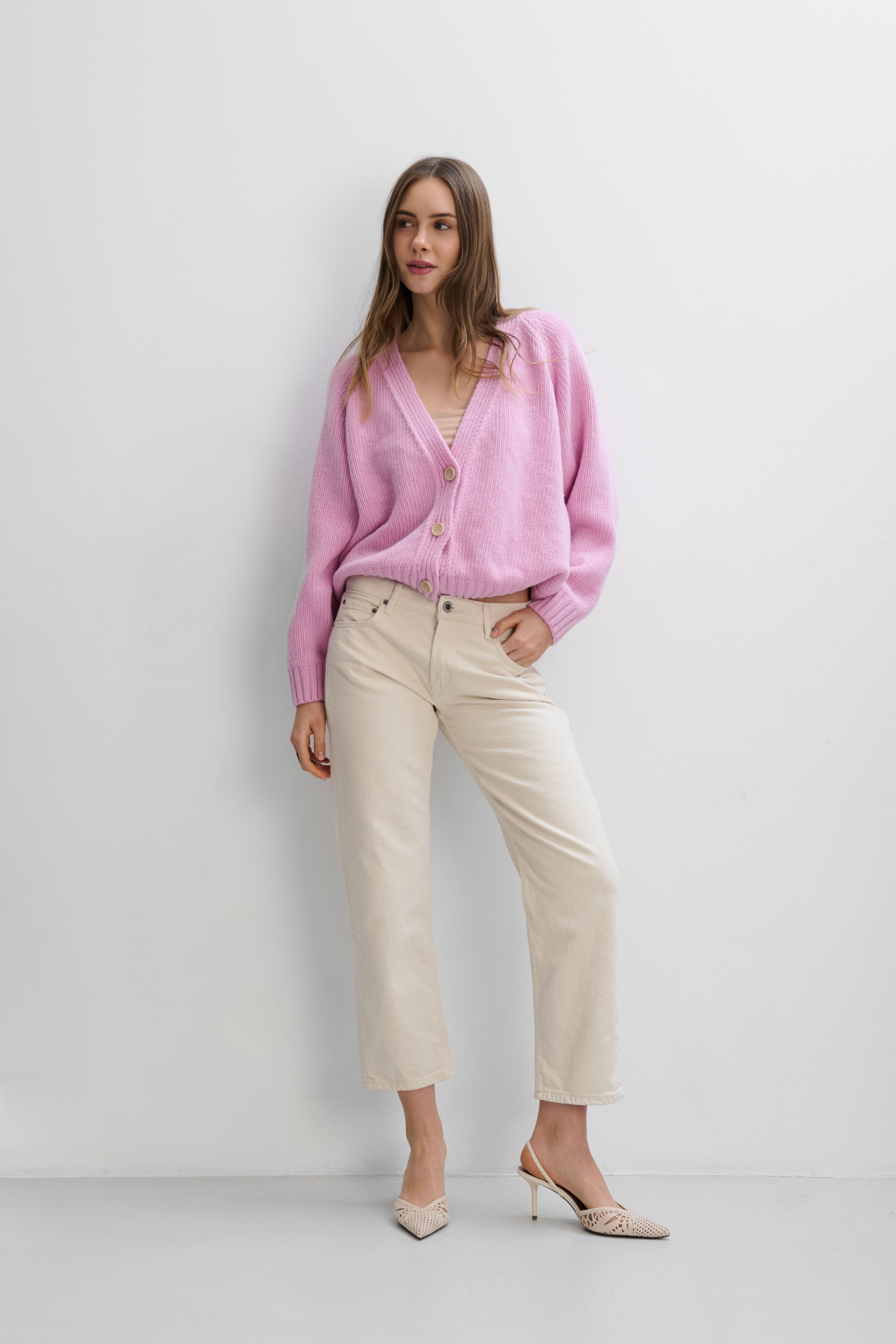Velvet Core Cashmere and Merino Wool Cardigan, Pink