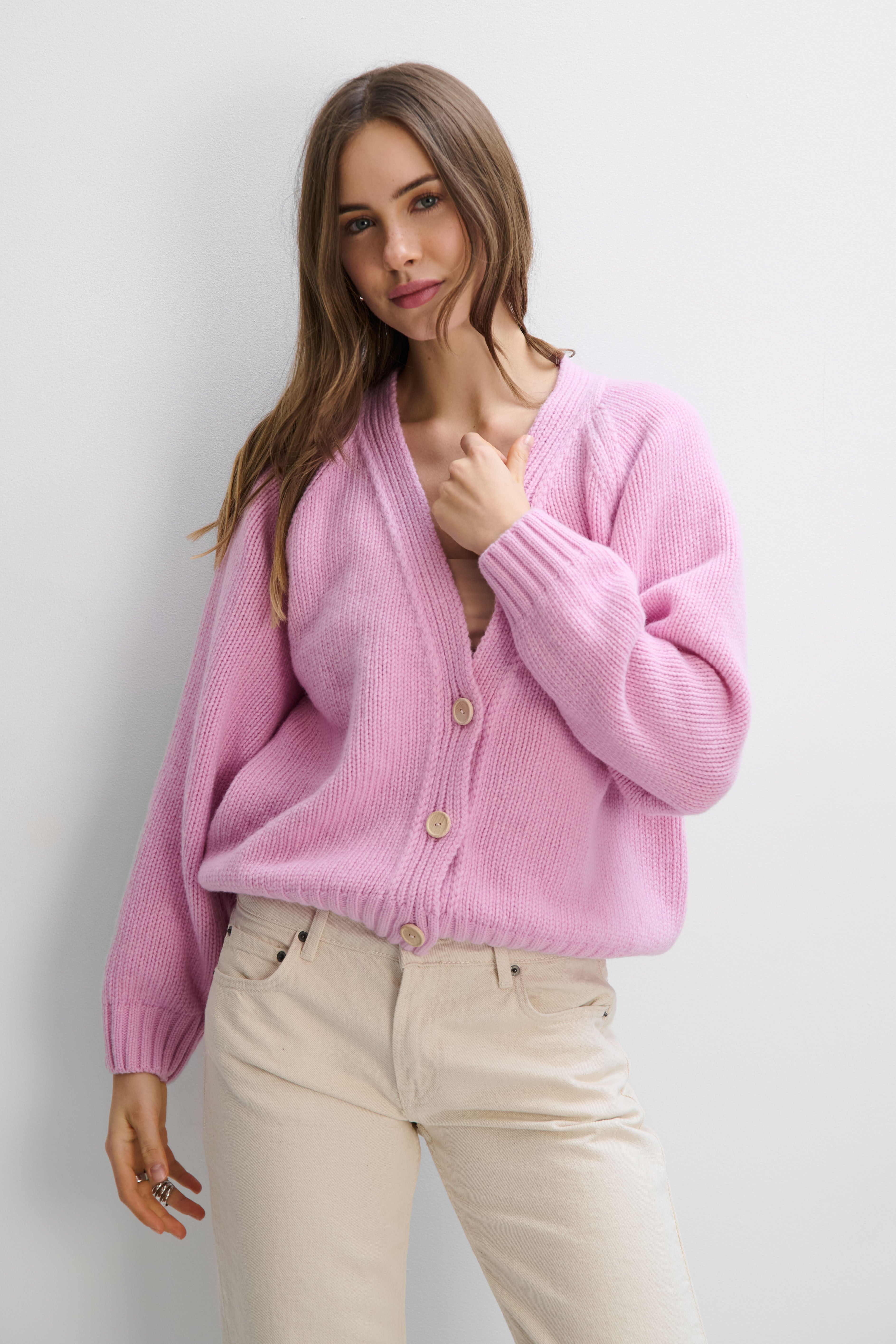 Velvet Core Cashmere and Merino Wool Cardigan, Pink