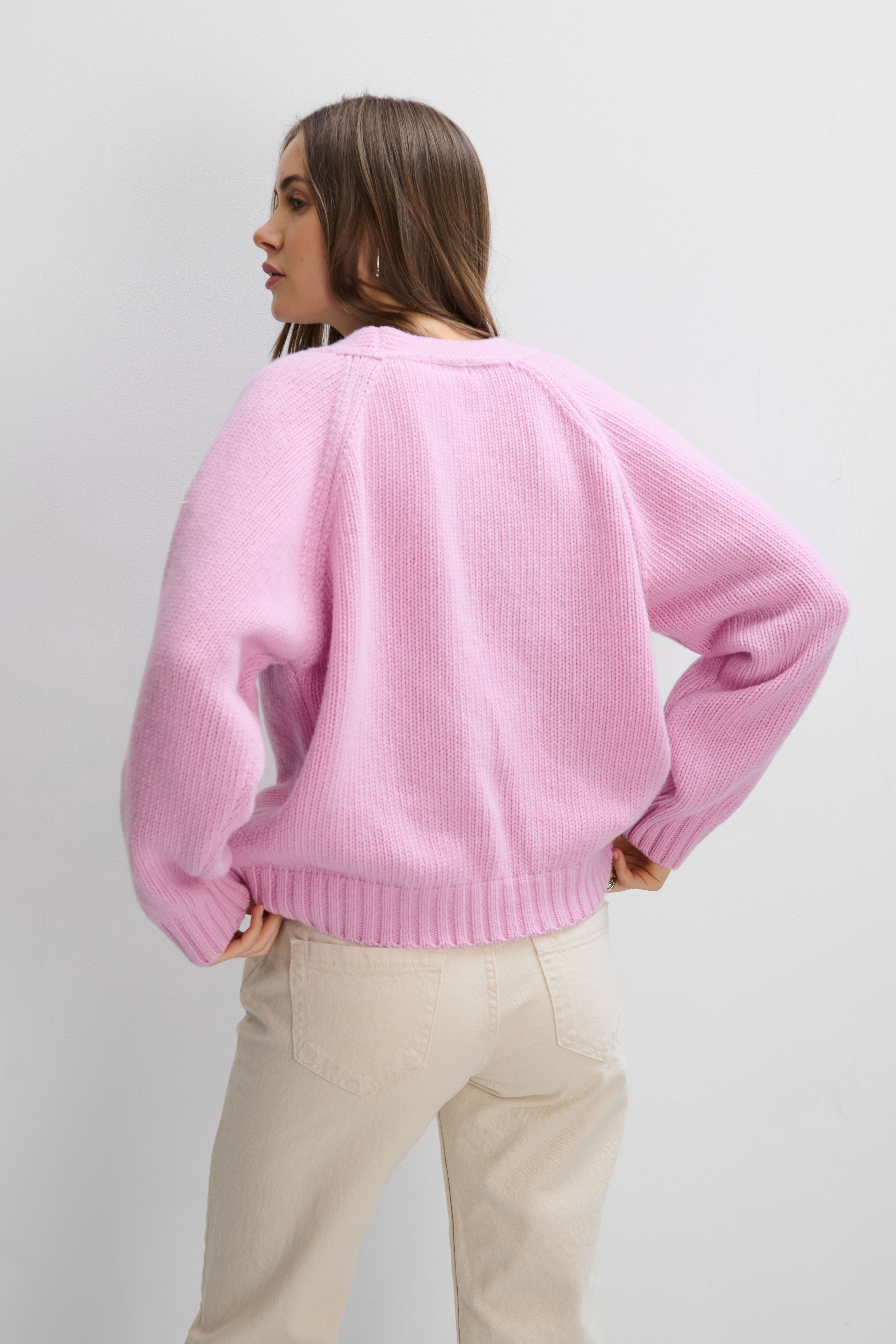 Velvet Core Cashmere and Merino Wool Cardigan, Pink