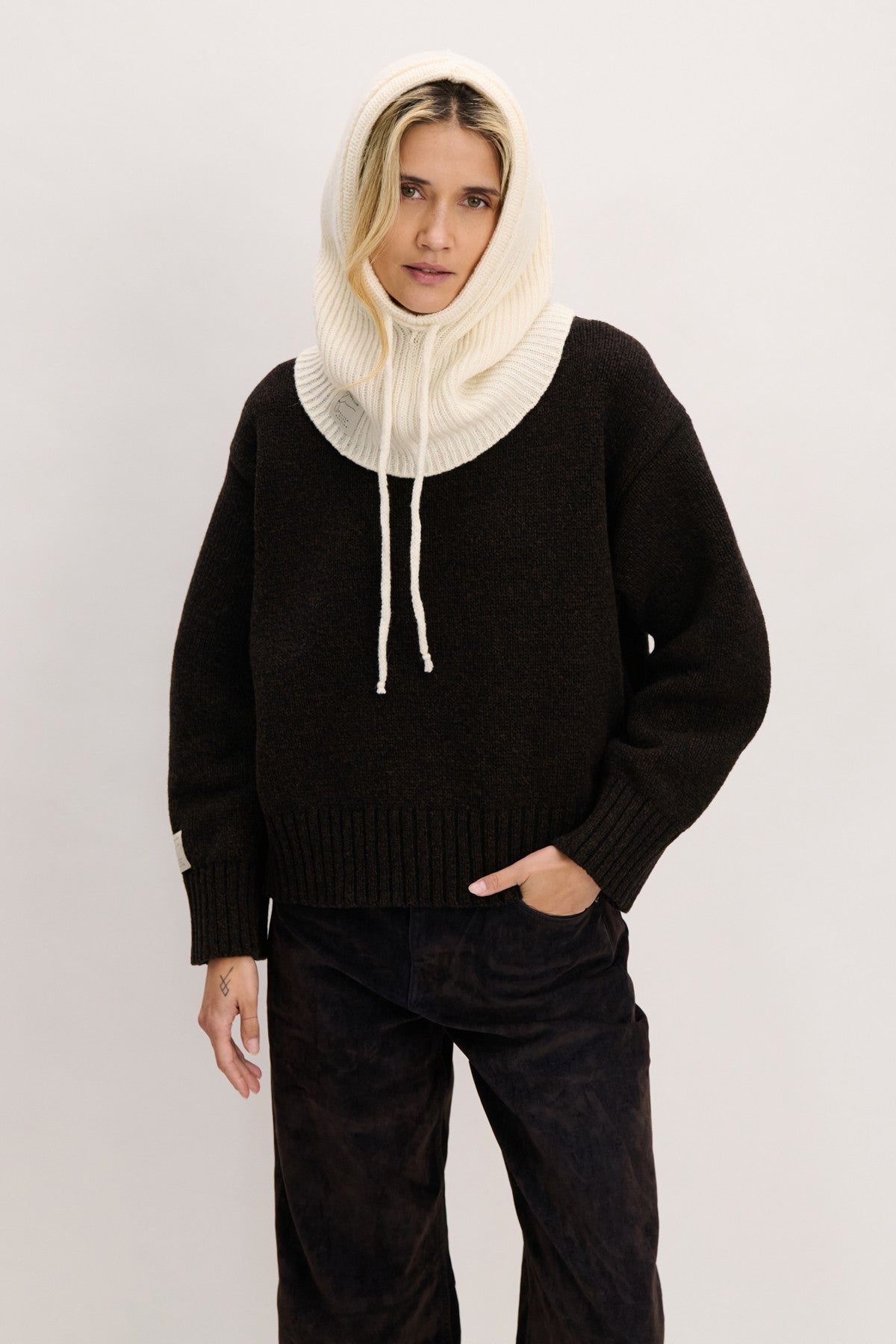 Balaclava kominiarka wełniana prążkowany splot ecru - 2