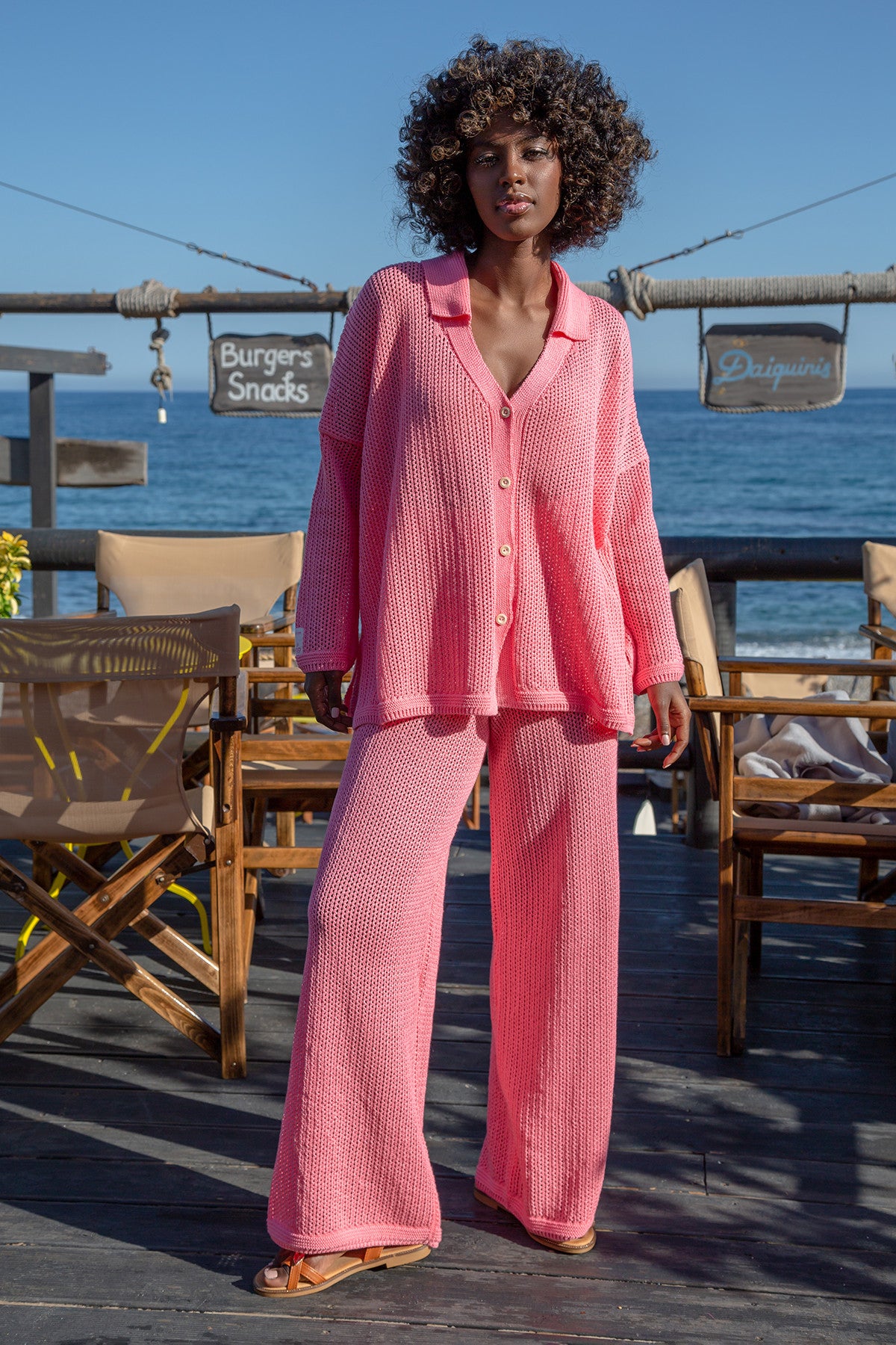 Bawełniany ażurowy komplet zapinana koszula i długie spodnie crystalrose kryształowy - 3