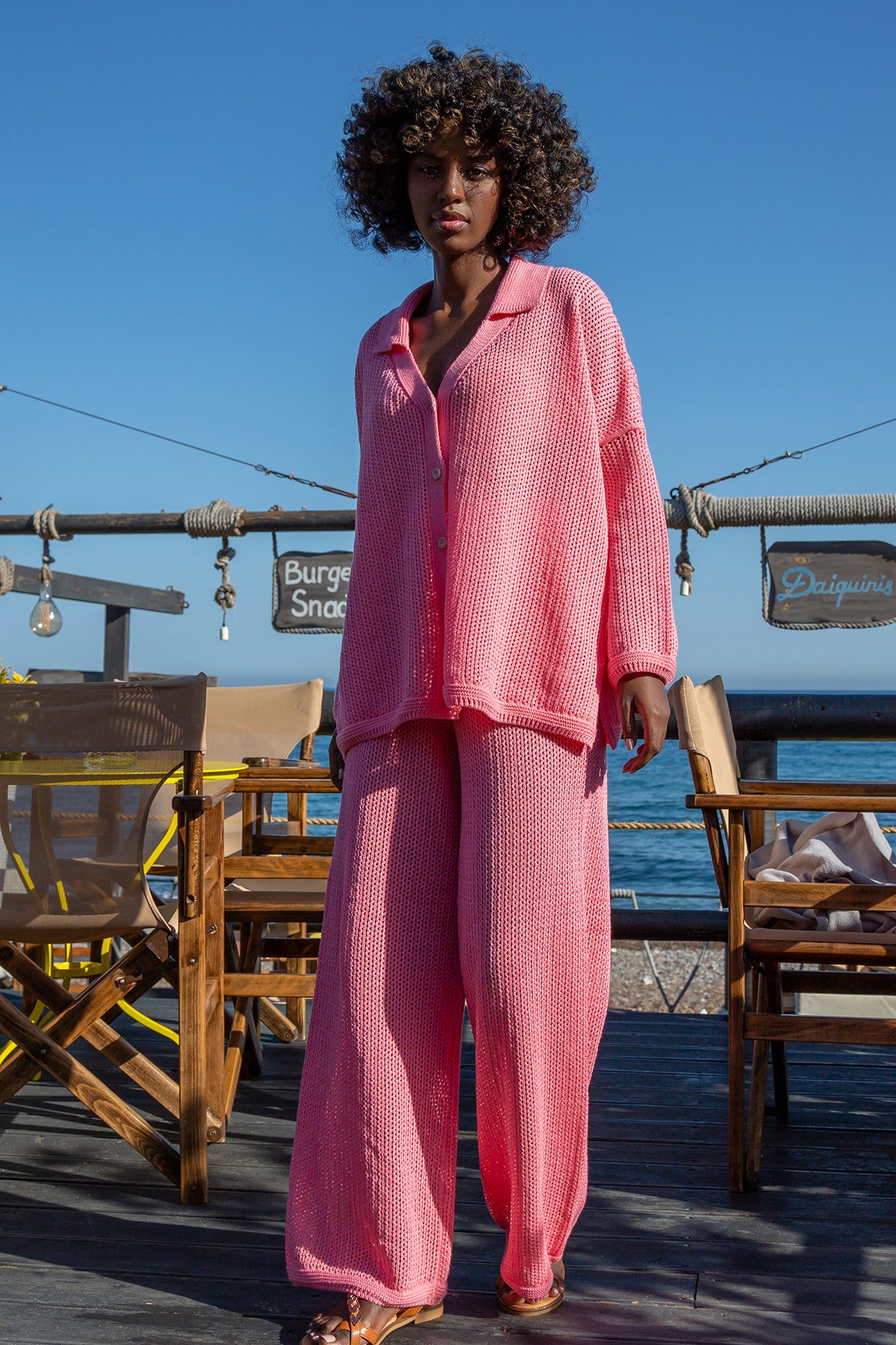 Bawełniany ażurowy komplet zapinana koszula i długie spodnie crystalrose kryształowy - 1