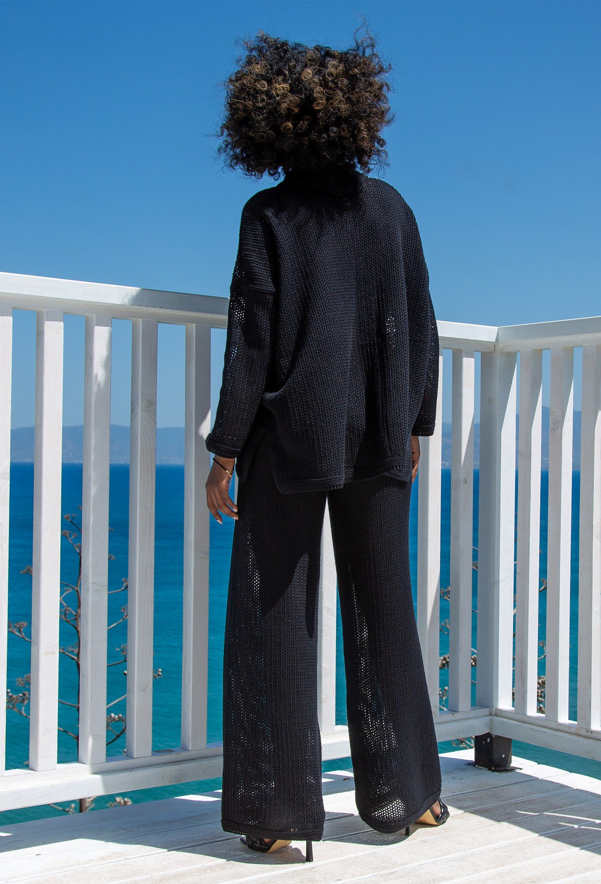 Bawełniany ażurowy komplet zapinana koszula i długie spodnie czarny - 4