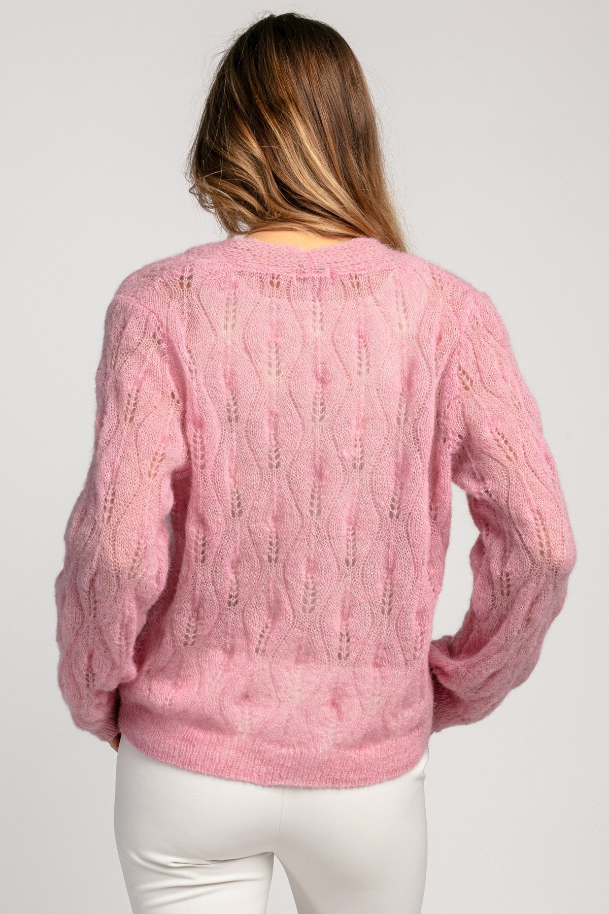 Delikatny kardigan mgiełka z wełny alpaki różowy - 3