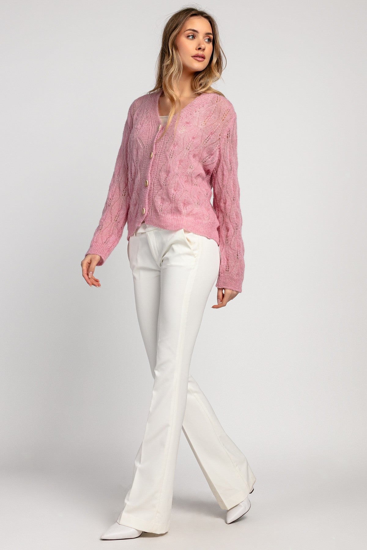 Delikatny kardigan mgiełka z wełny alpaki różowy - 2