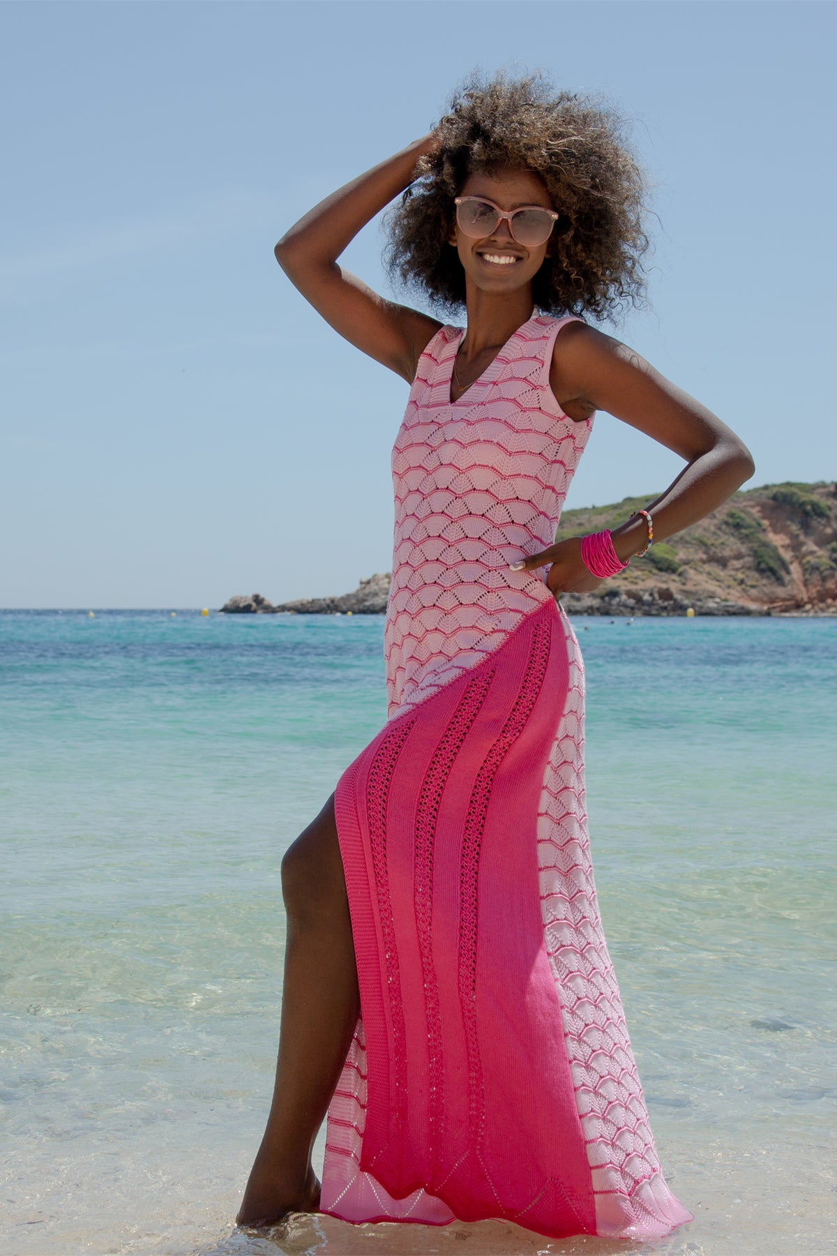 Długa ażurowa letnia sukienka candypink różowy - 2