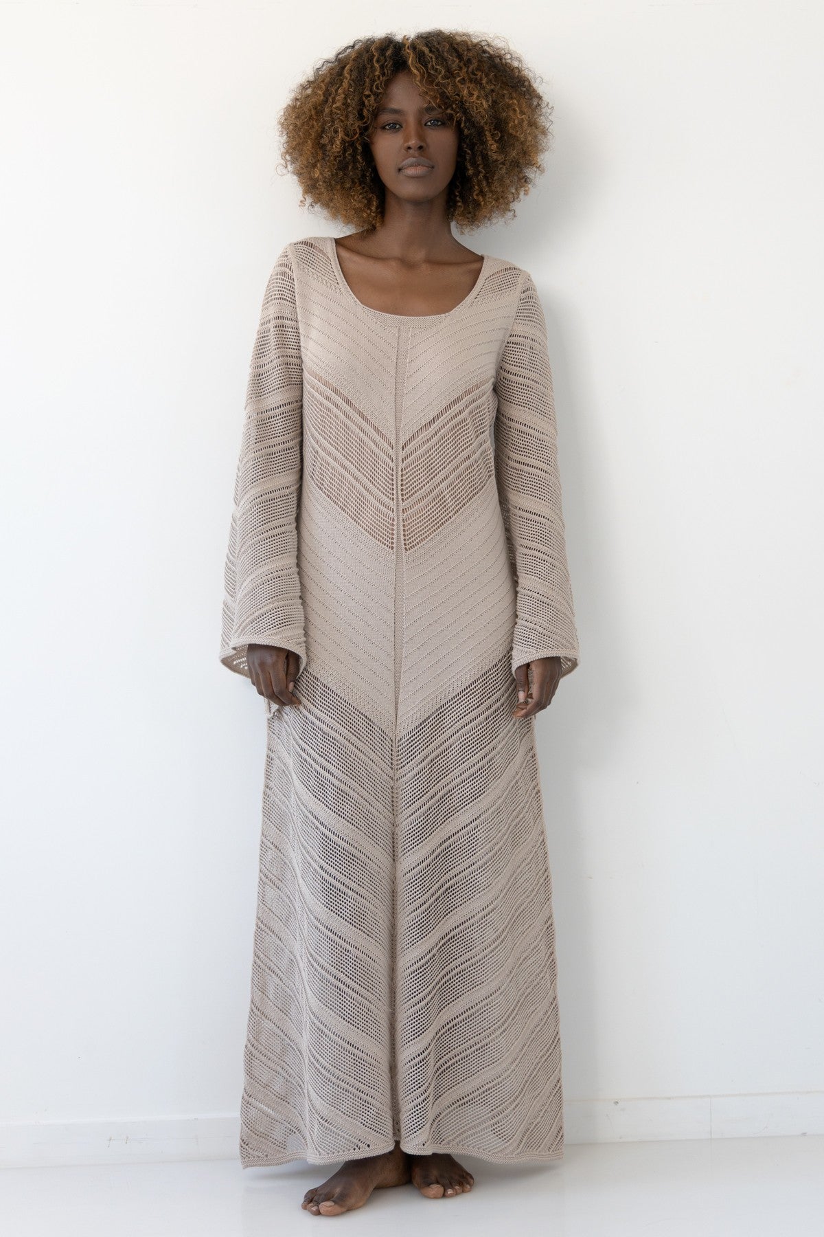 Długa ażurowa sukienka boho beżowy - 2