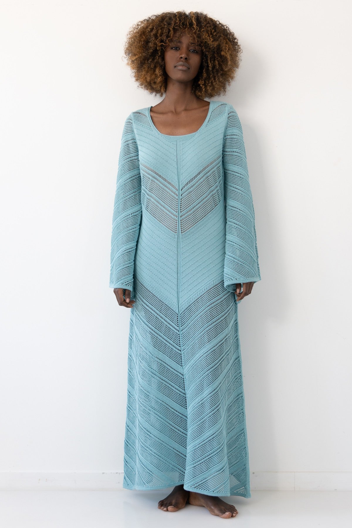 Długa ażurowa sukienka boho niebieski - 1