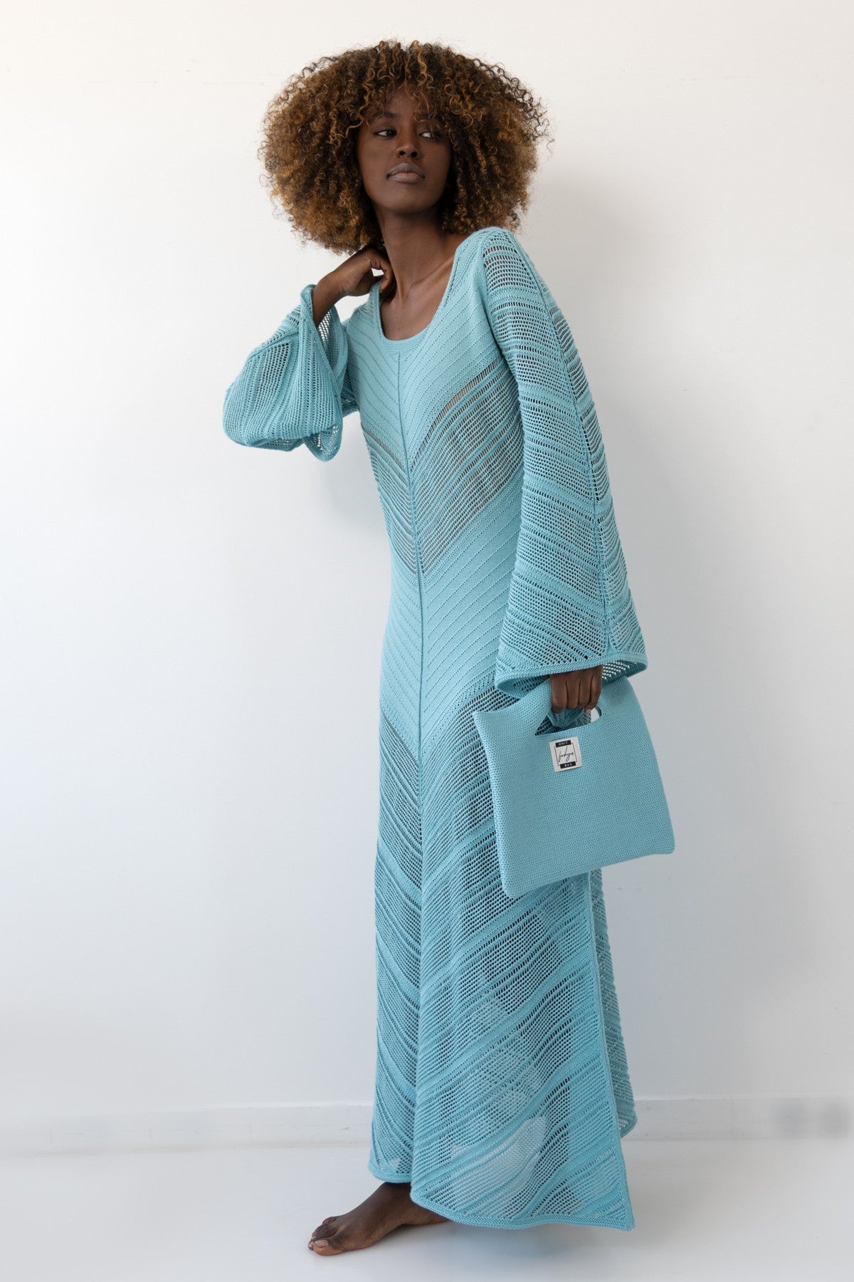 Długa ażurowa sukienka boho niebieski - 2