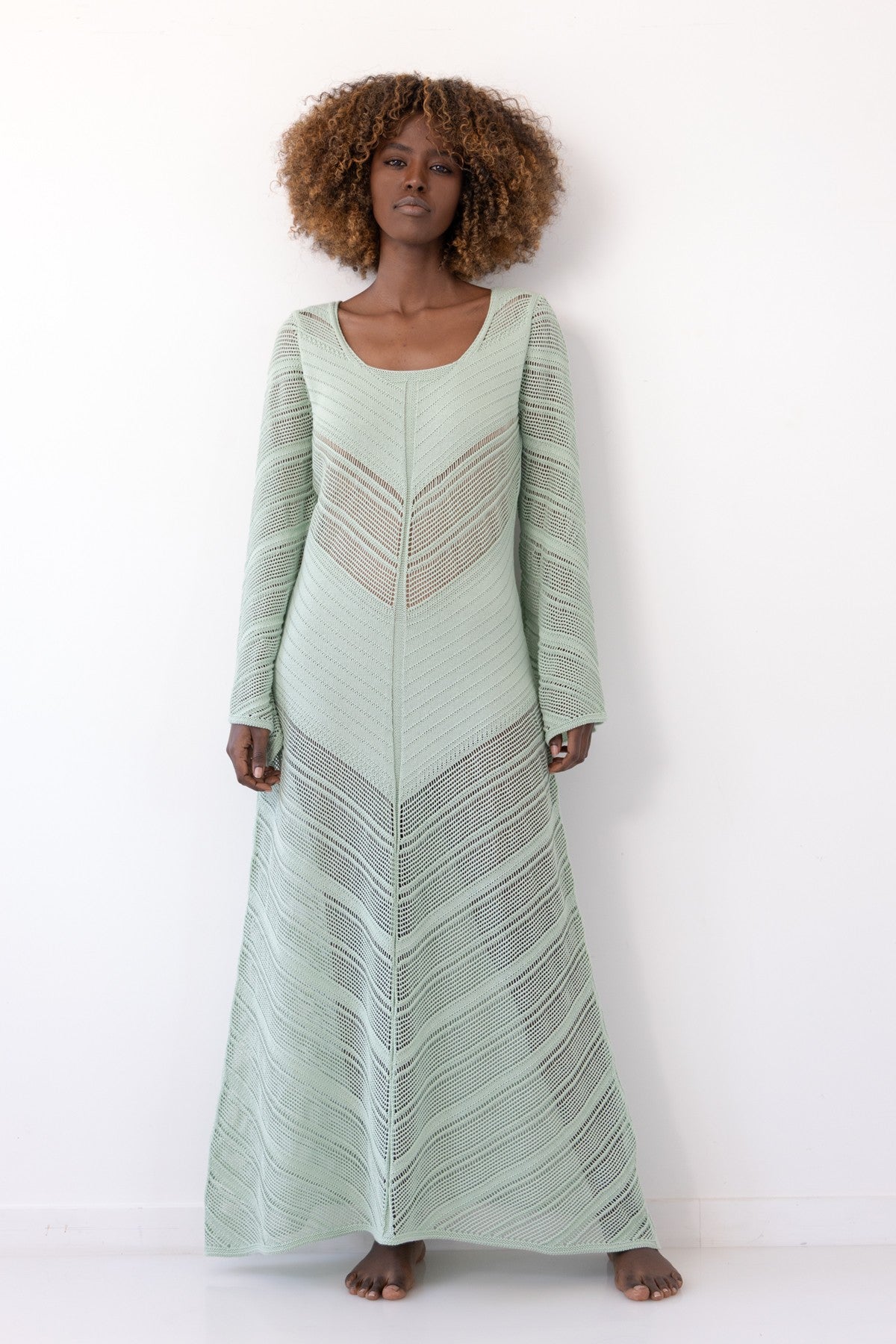 Długa ażurowa sukienka boho pistacjowy - 1