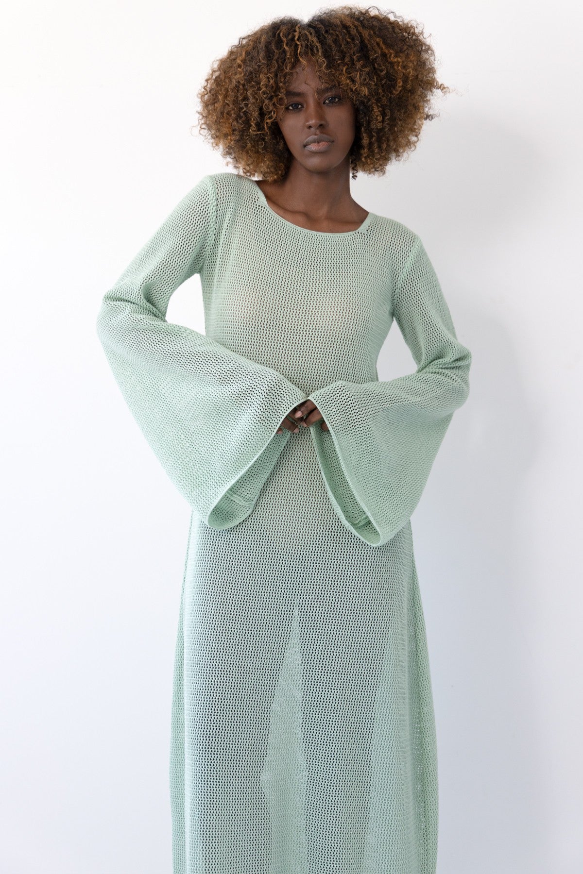 Długa ażurowa sukienka pistacjowy - 3