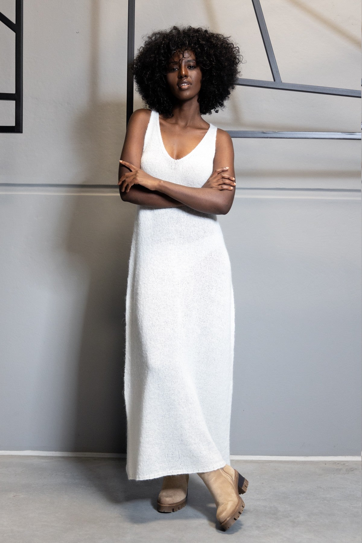 Długa wełniana sukienka ecru - 2