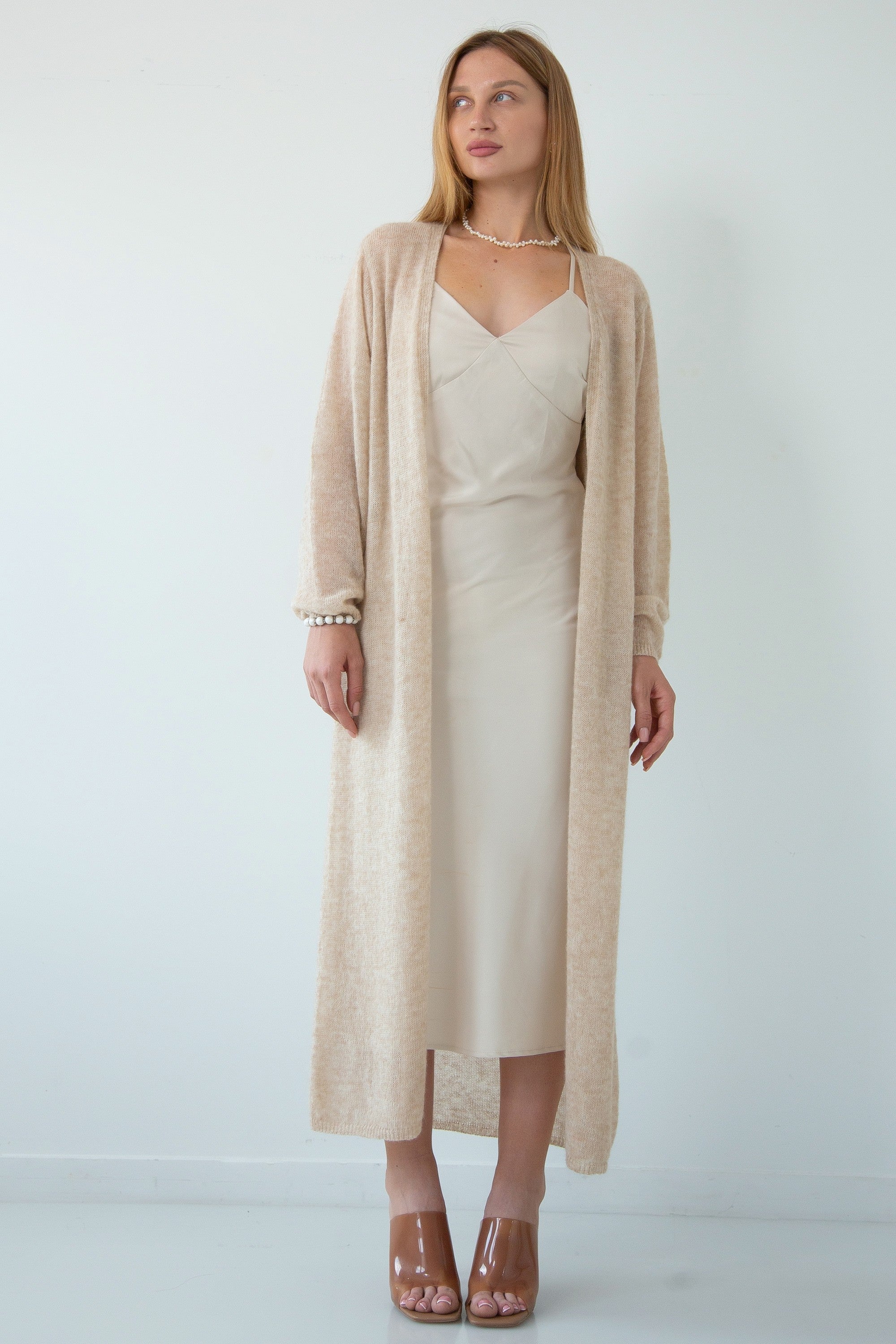 Długi kardigan mgiełka z wełny baby alpaka i wełny virgin beżowy - 1