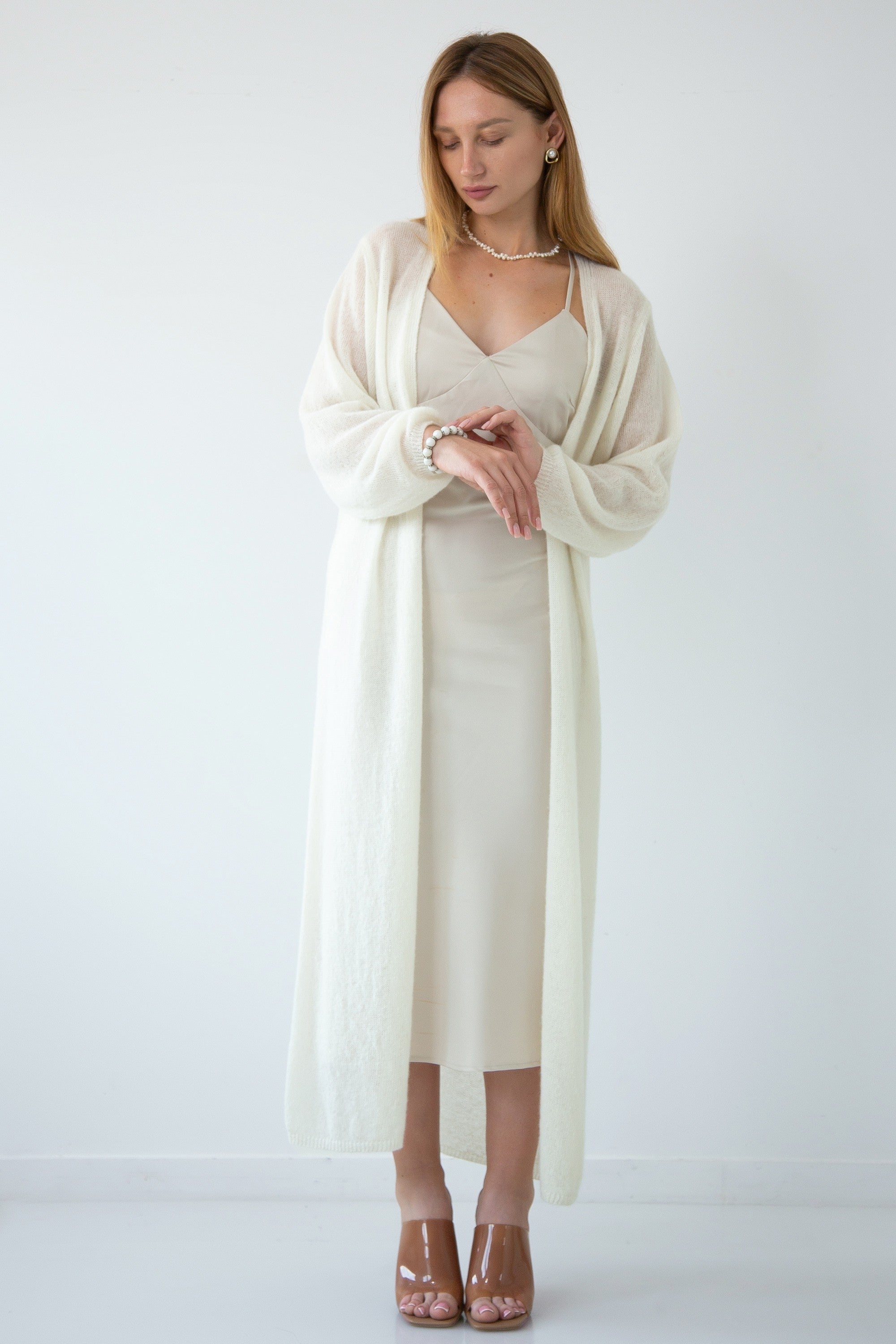 Długi kardigan mgiełka z wełny baby alpaka i wełny virgin ecru - 3