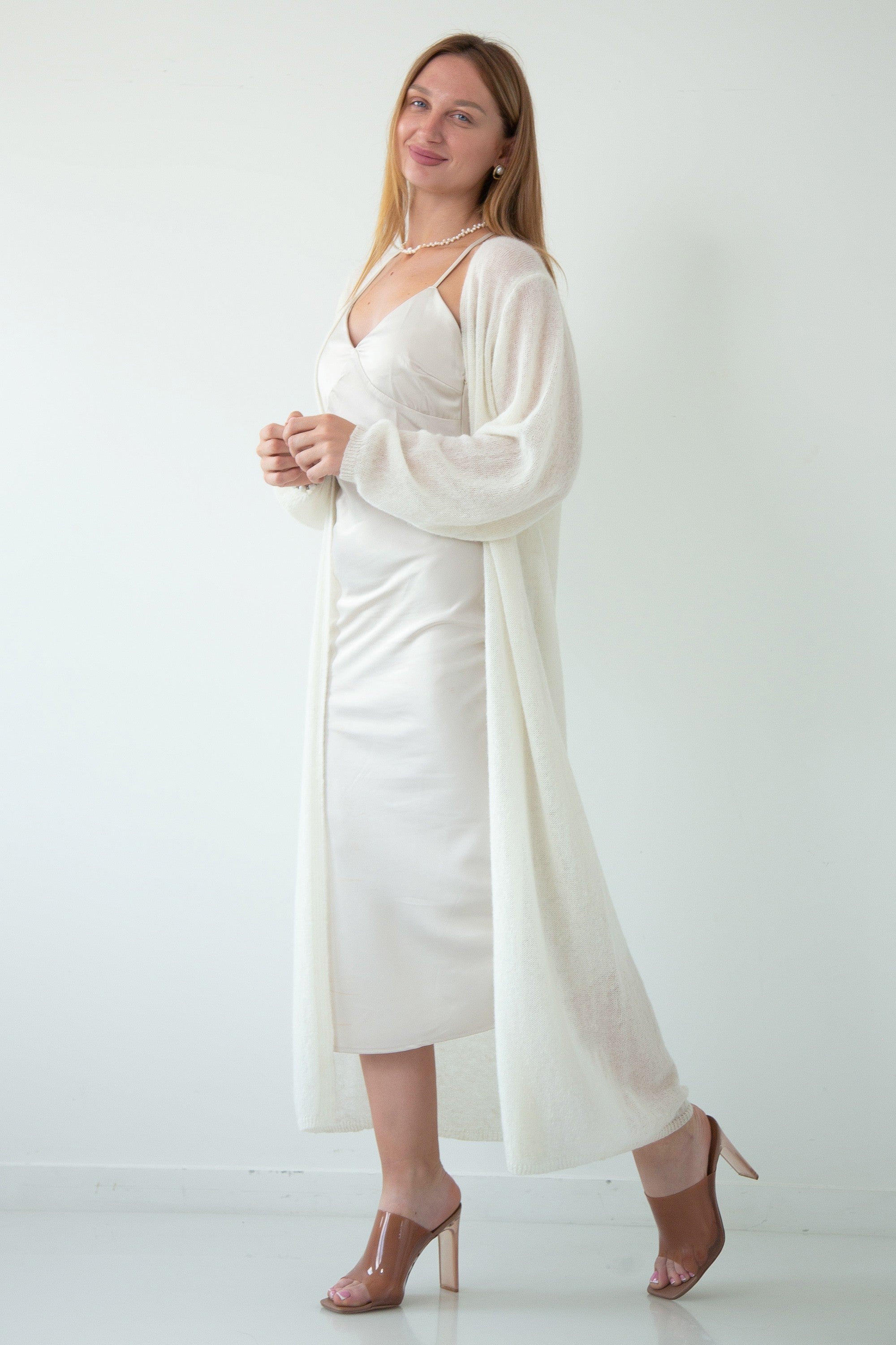 Długi kardigan mgiełka z wełny baby alpaka i wełny virgin ecru - 2