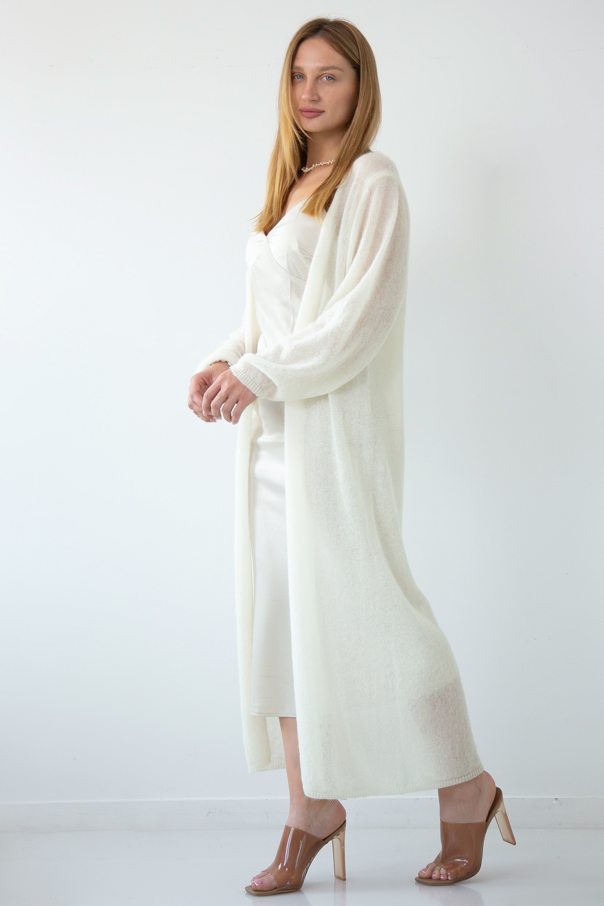 Długi kardigan mgiełka z wełny baby alpaka i wełny virgin ecru - 5