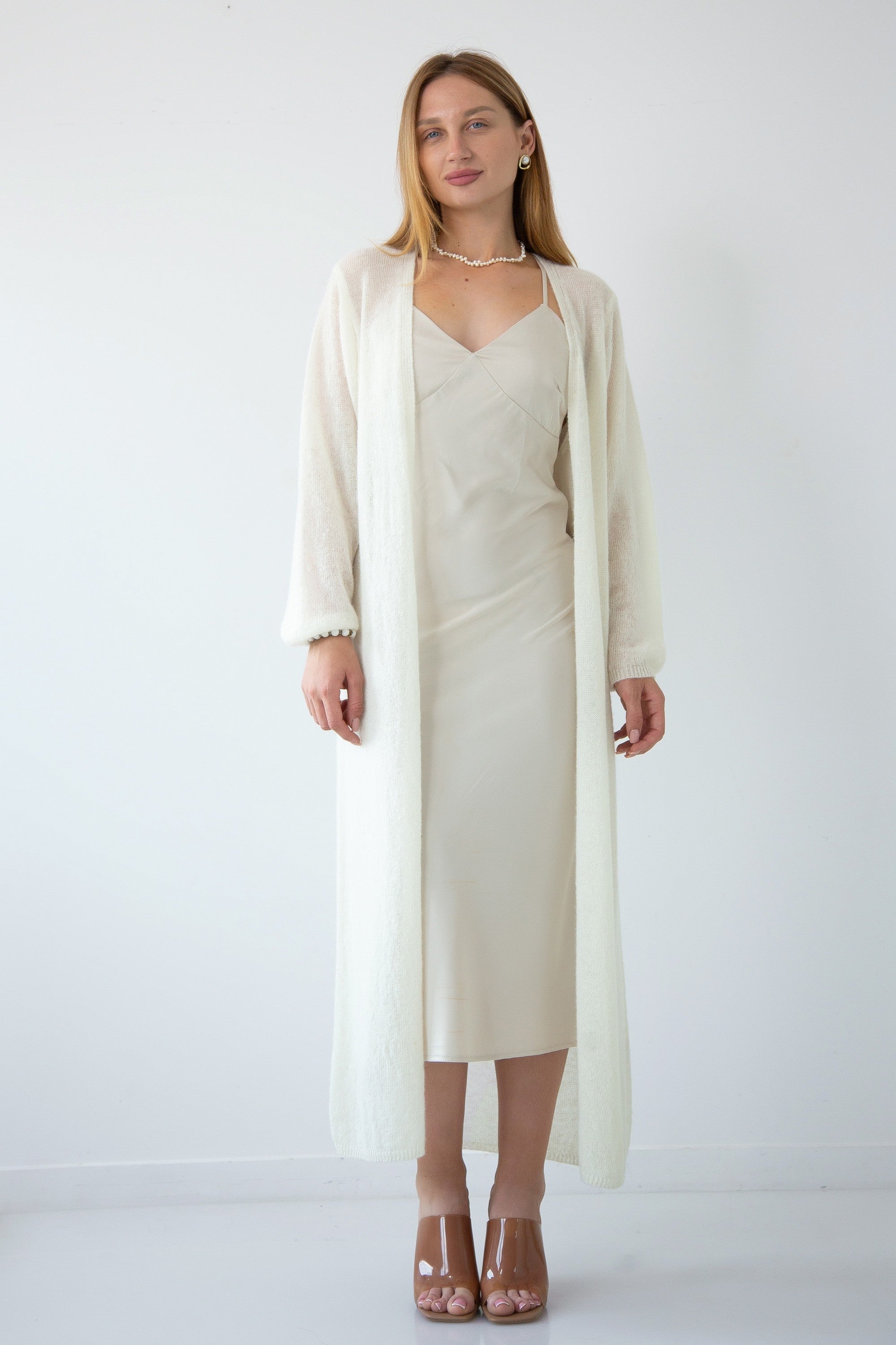 Długi kardigan mgiełka z wełny baby alpaka i wełny virgin ecru - 1