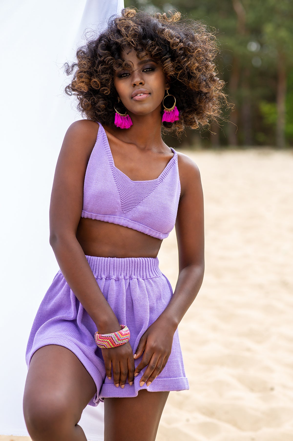 Dzianinowy wiązany Top fioletowy - 2