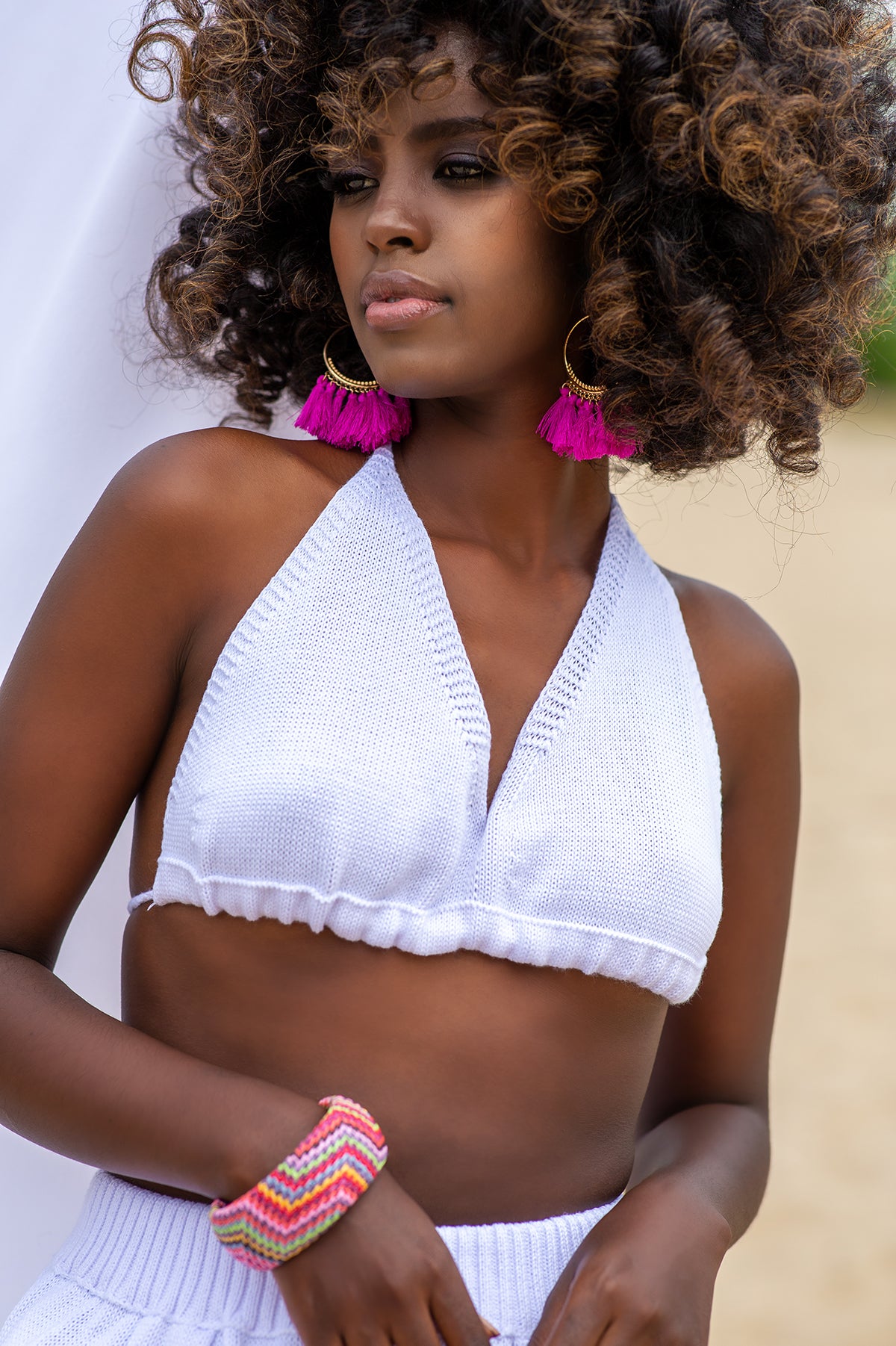 Dzianinowy wiązany Top plażowy biały - 5