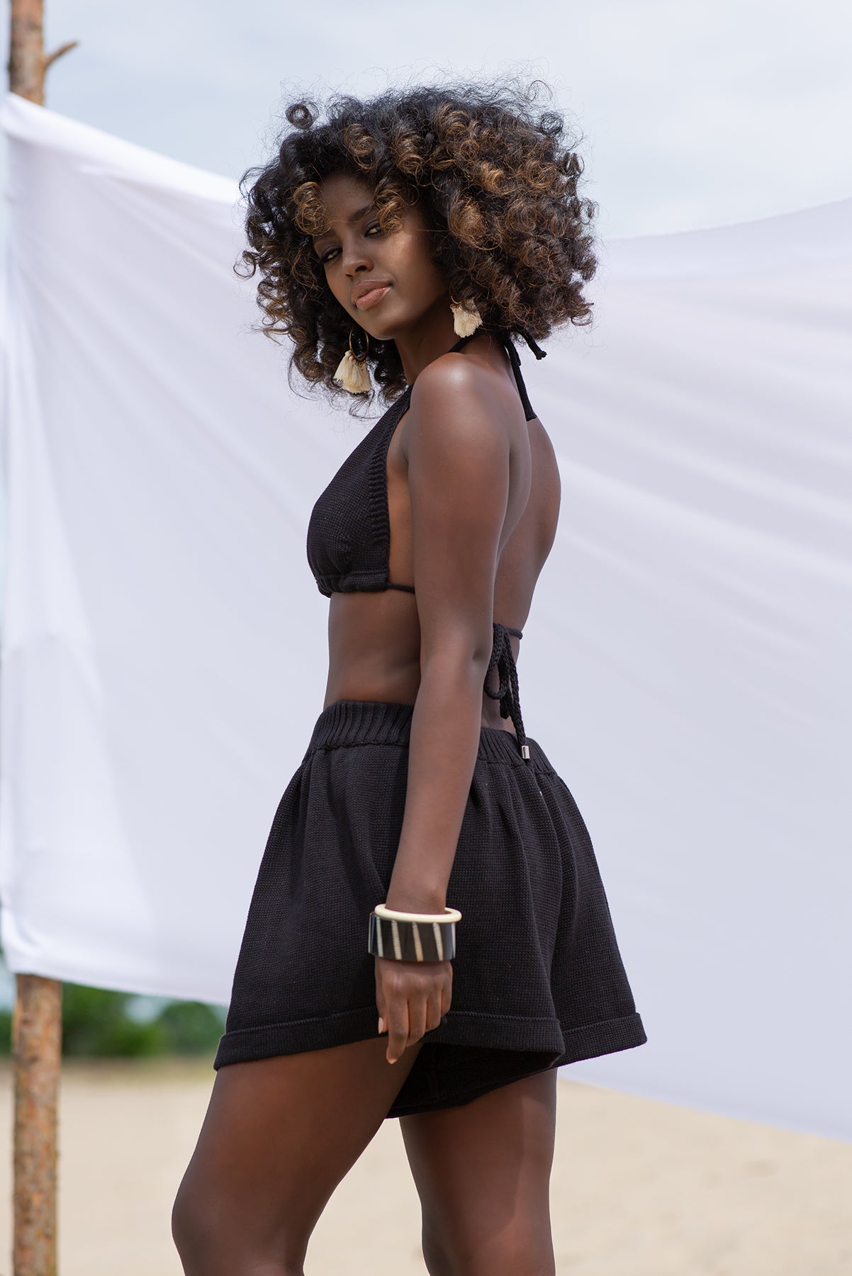 Dzianinowy wiązany Top plażowy czarny - 2