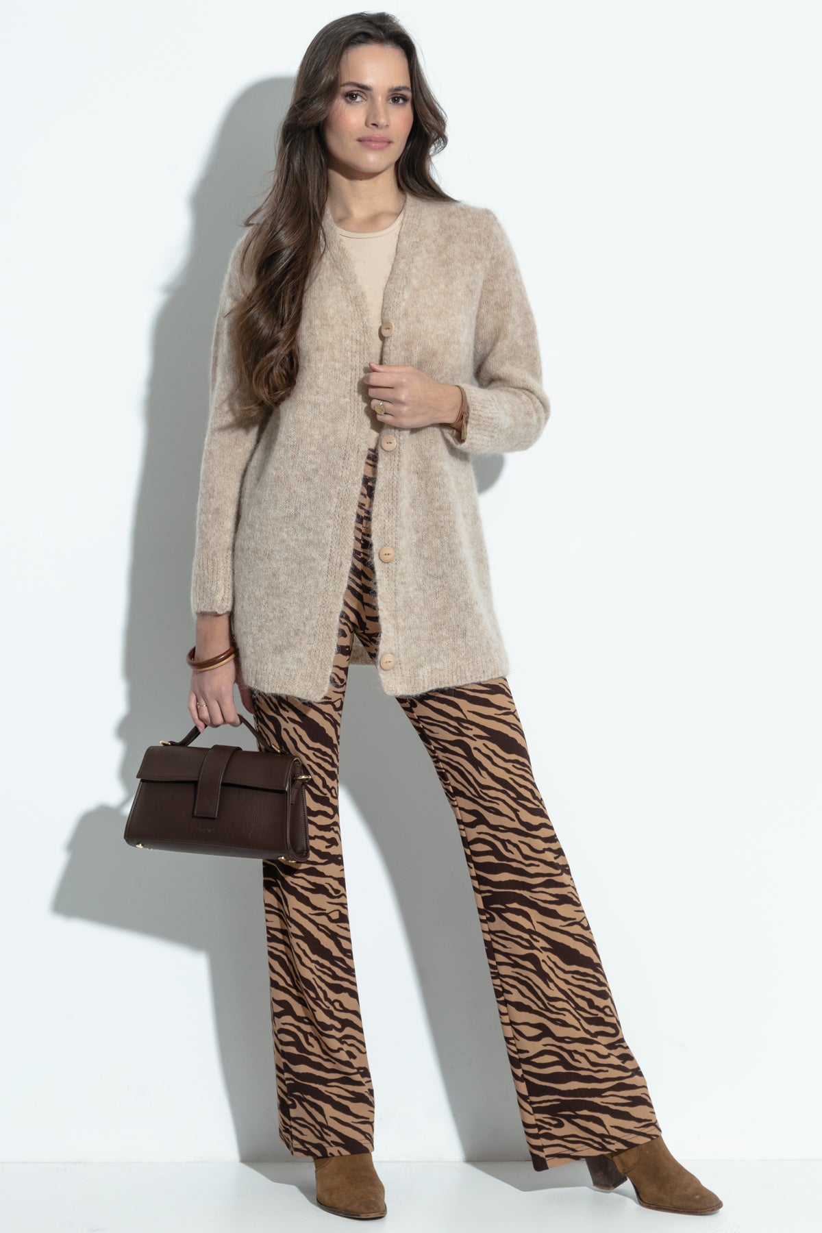 Elegancki zapinany Kardigan z wełny alpaki beżowy - 3