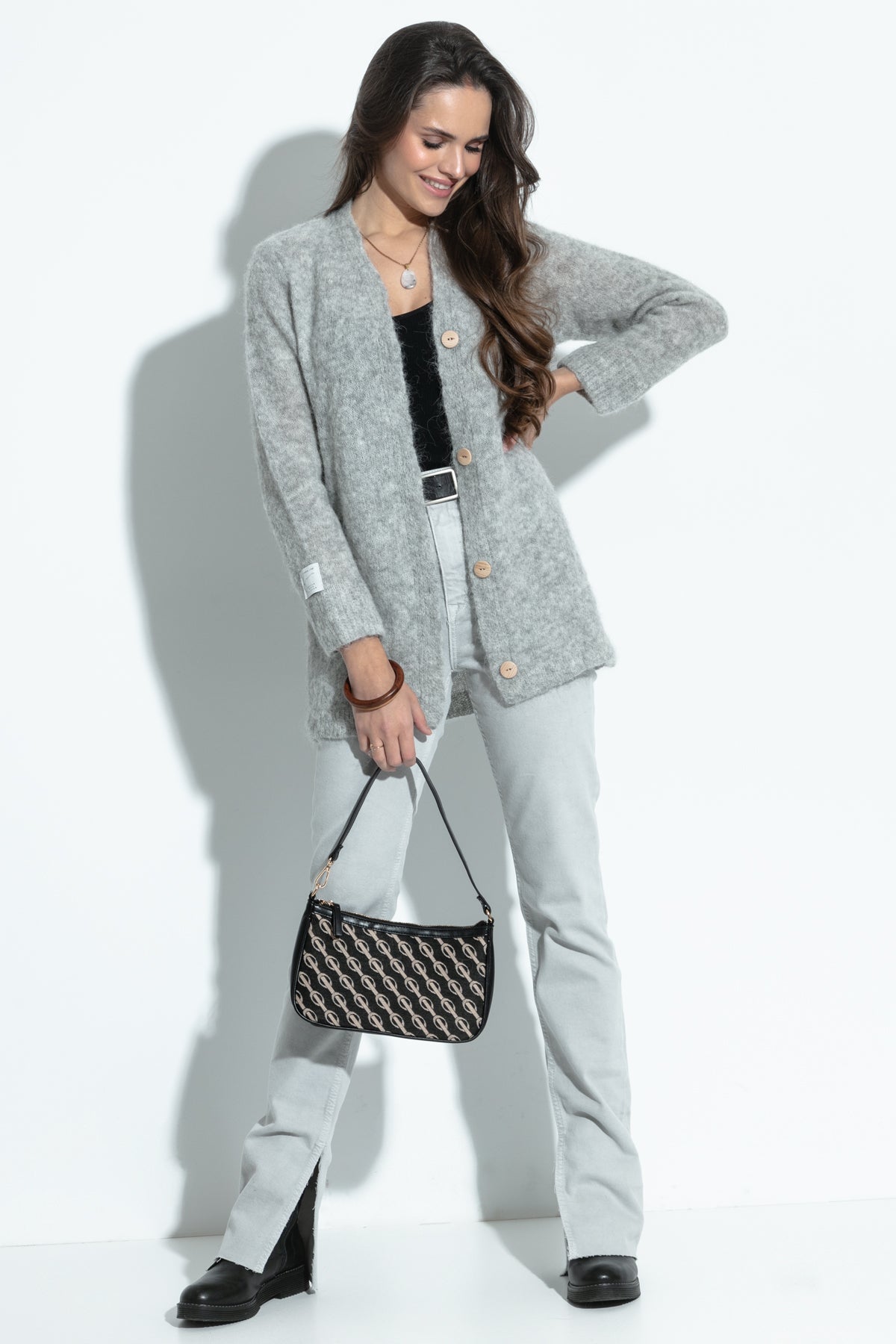 Elegancki zapinany Kardigan z wełny alpaki szary - 1