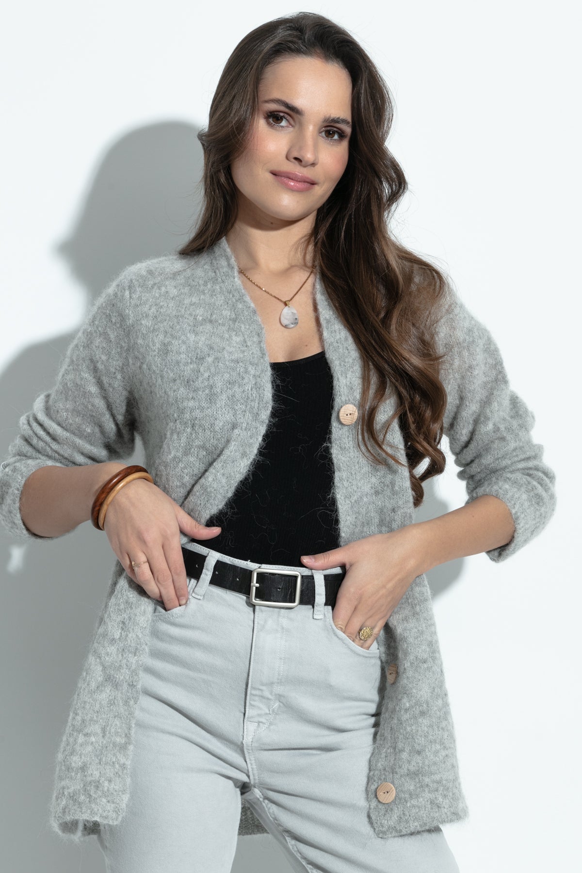 Elegancki zapinany Kardigan z wełny alpaki szary - 2