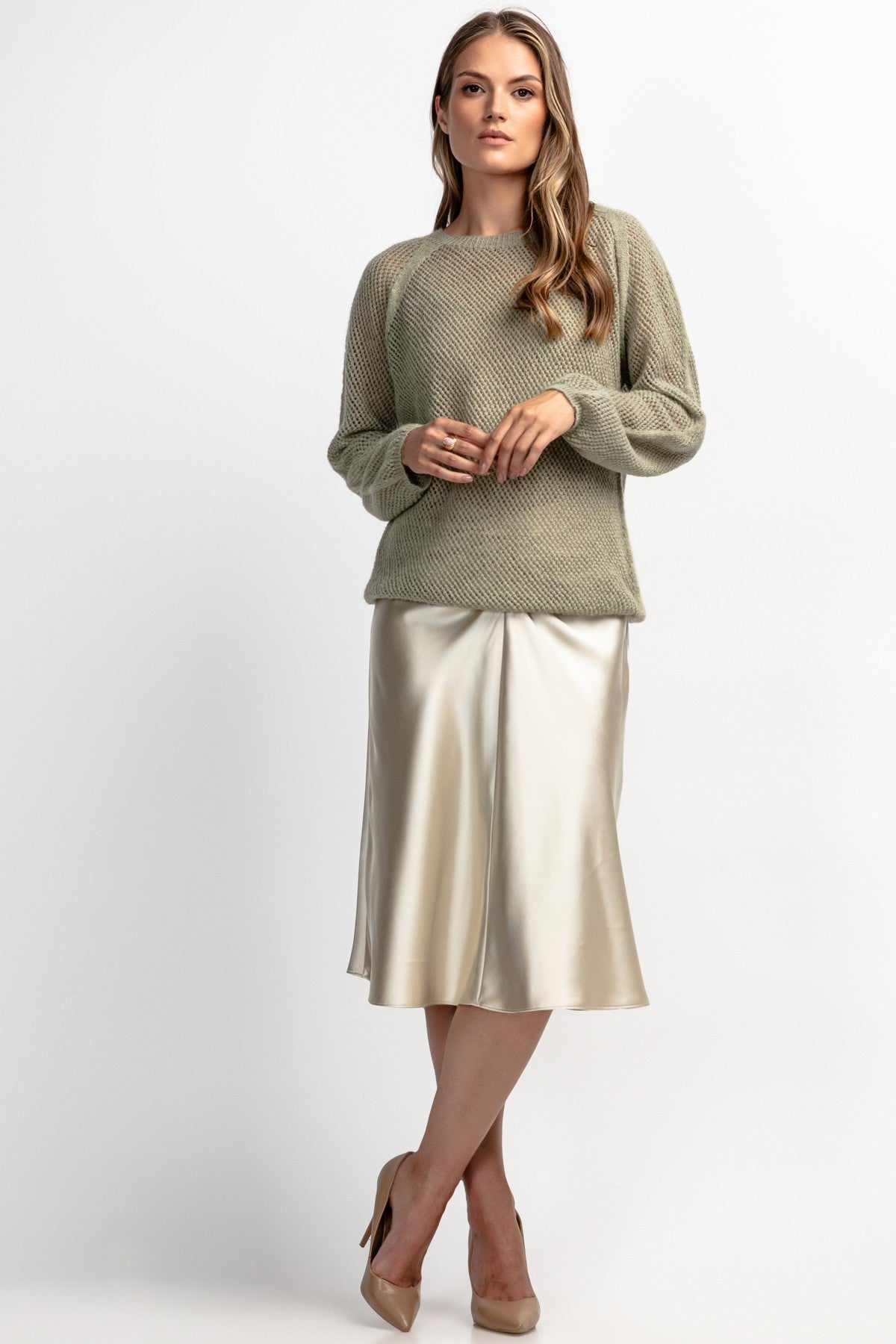 Jedwabny sweter w delikatny ażurowy splot pistacjowy - 3