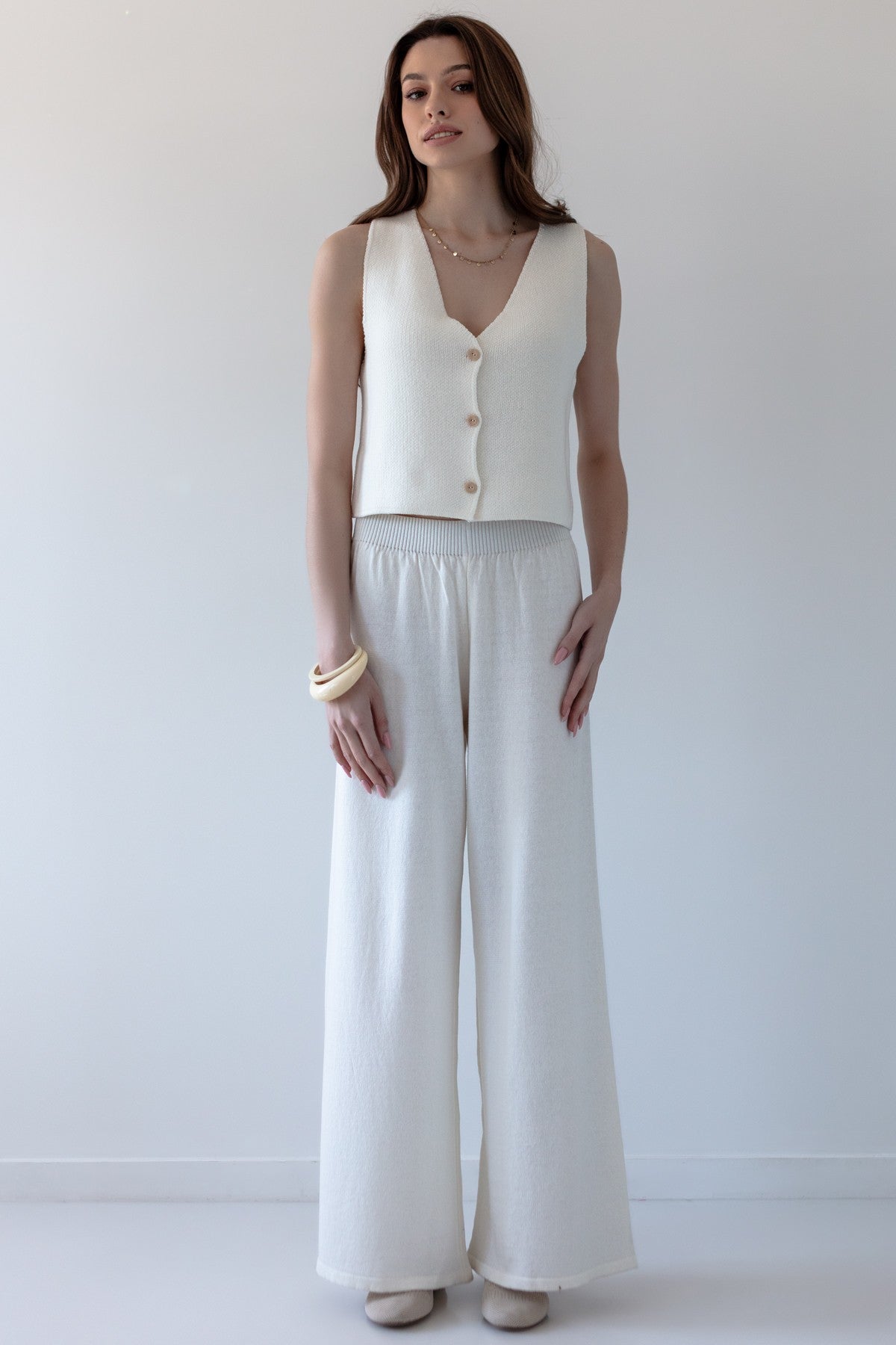 Kamizelka zapinana z bawełny organicznej i kaszmiru ecru - 3