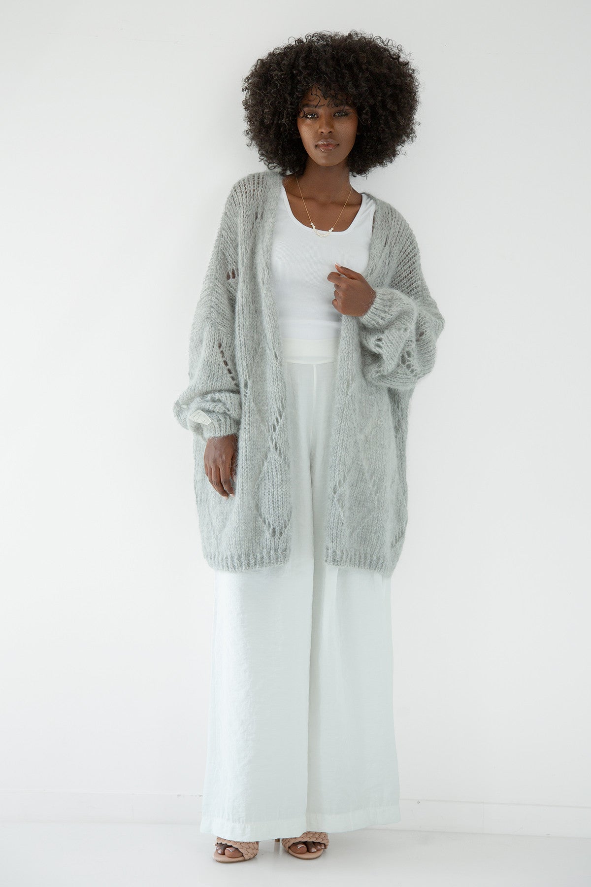 Kardigan ażurowy klasyczny z wełny alpaki szary - 2