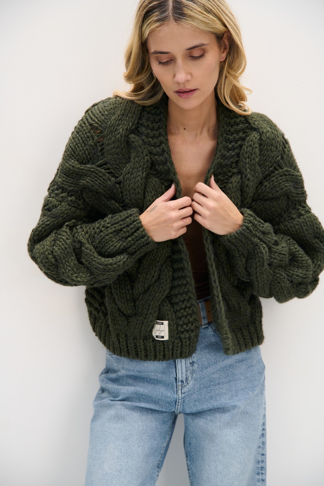 Kardigan bomberka CHUNKY KNIT oliwka oliwkowy - 1