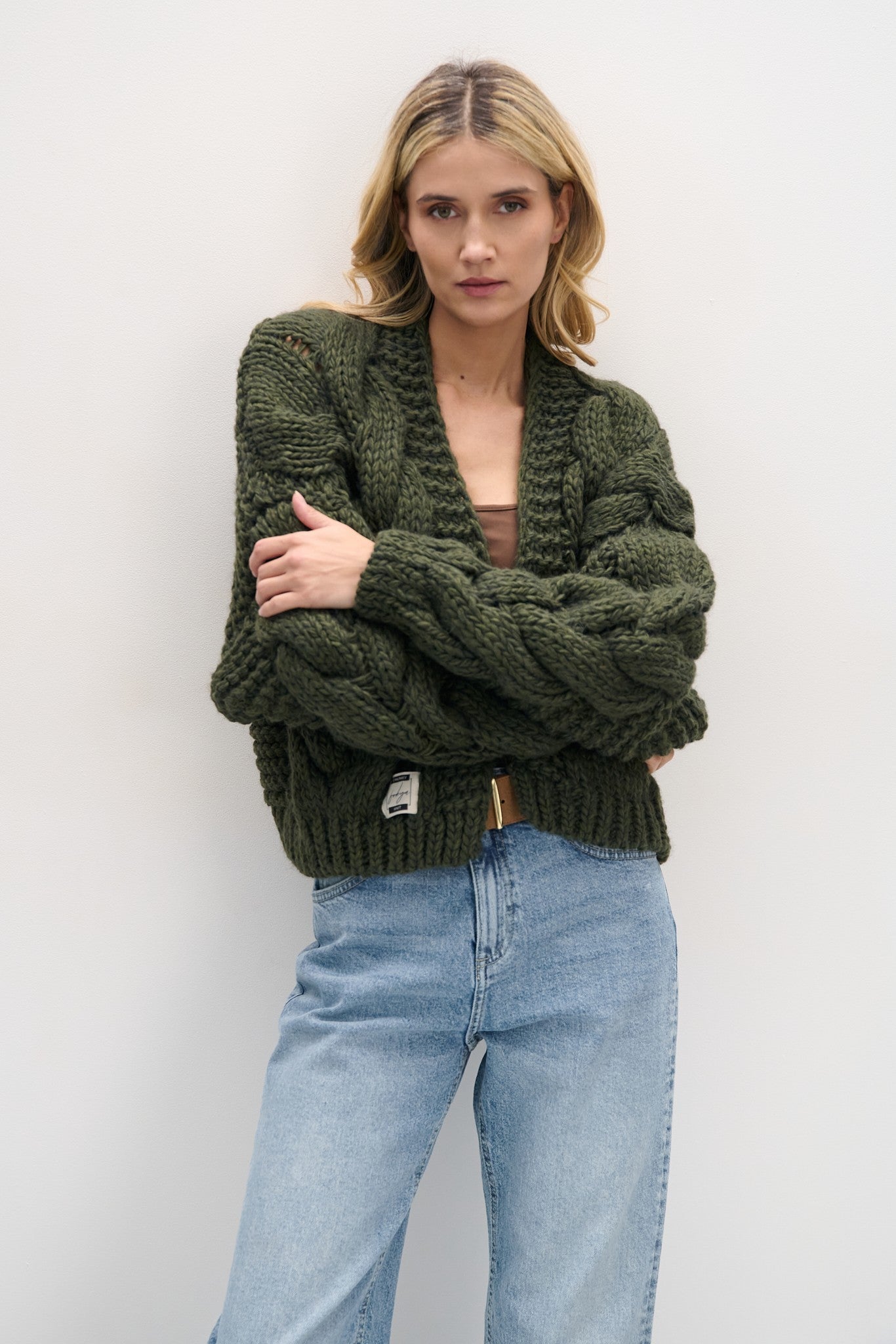 Kardigan bomberka CHUNKY KNIT oliwka oliwkowy - 4