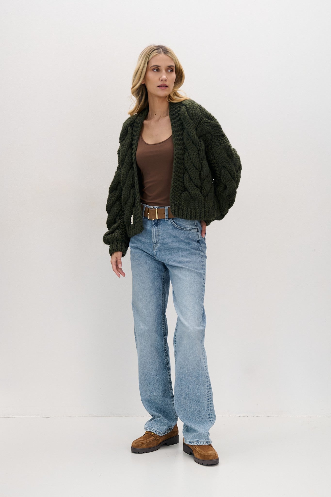 Kardigan bomberka CHUNKY KNIT oliwka oliwkowy - 2