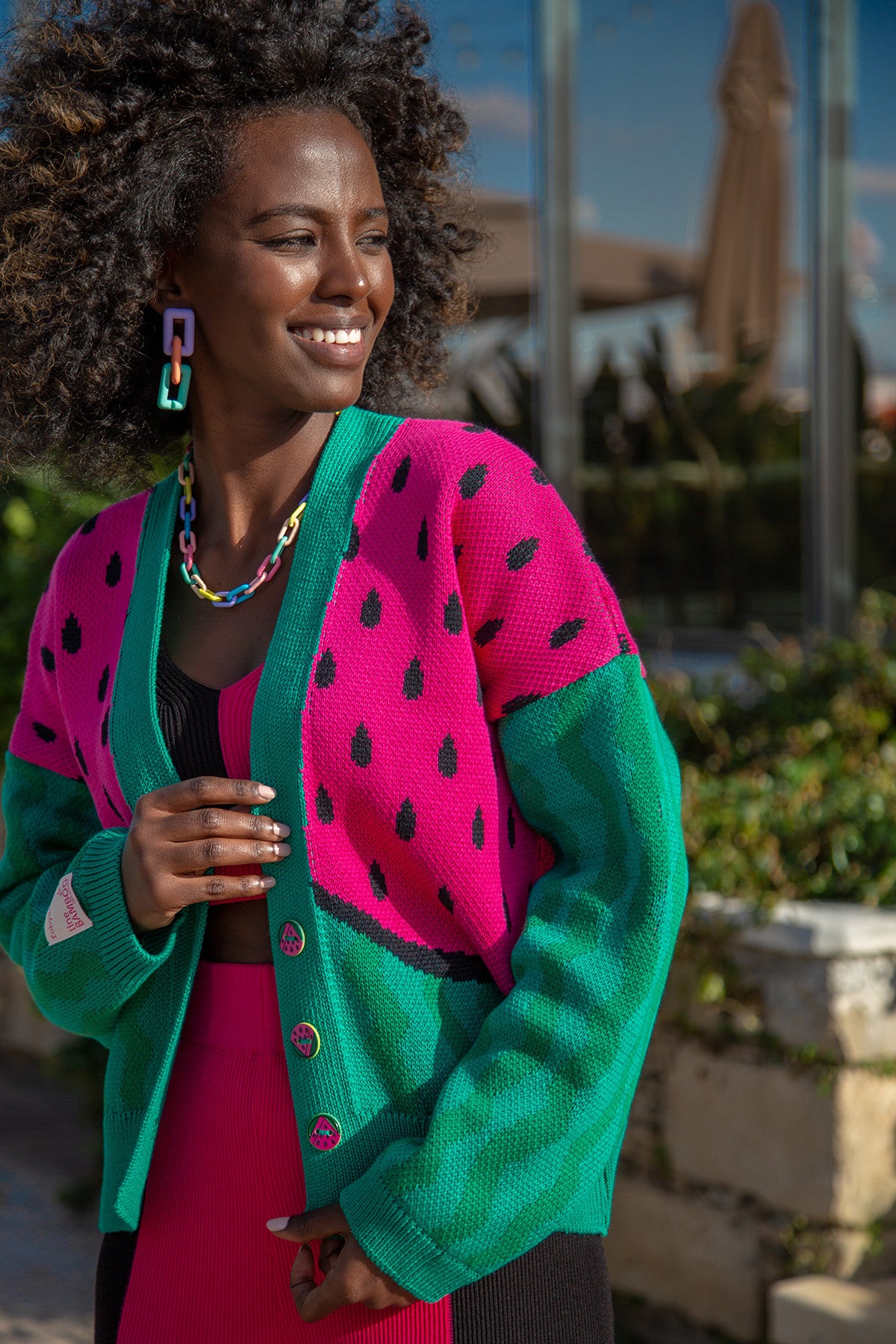 Kardigan z arbuzem - sweter zapinany bawełniany zielony - 3