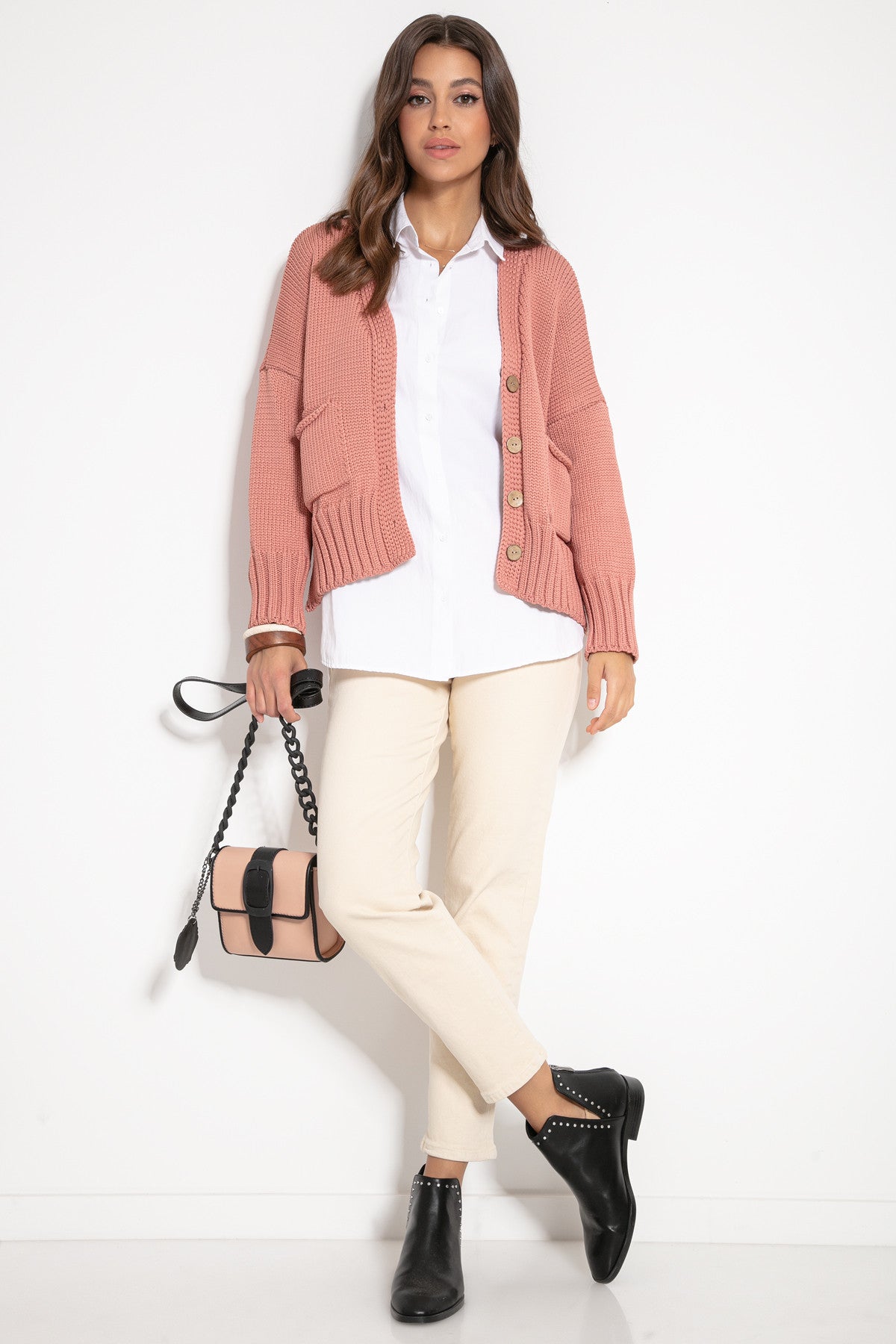 Kardigan z przędzy Recyklingowej morela morelowy - 2