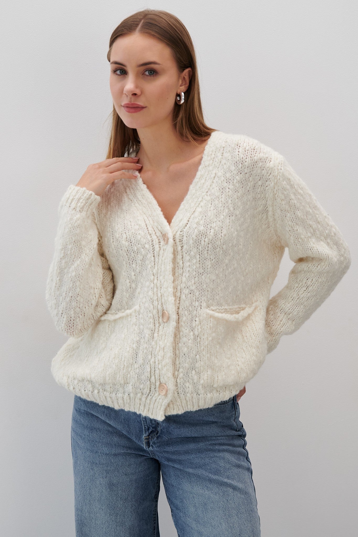 Kardigan z wełny alpaki i wełny dziewiczej ecru - 2