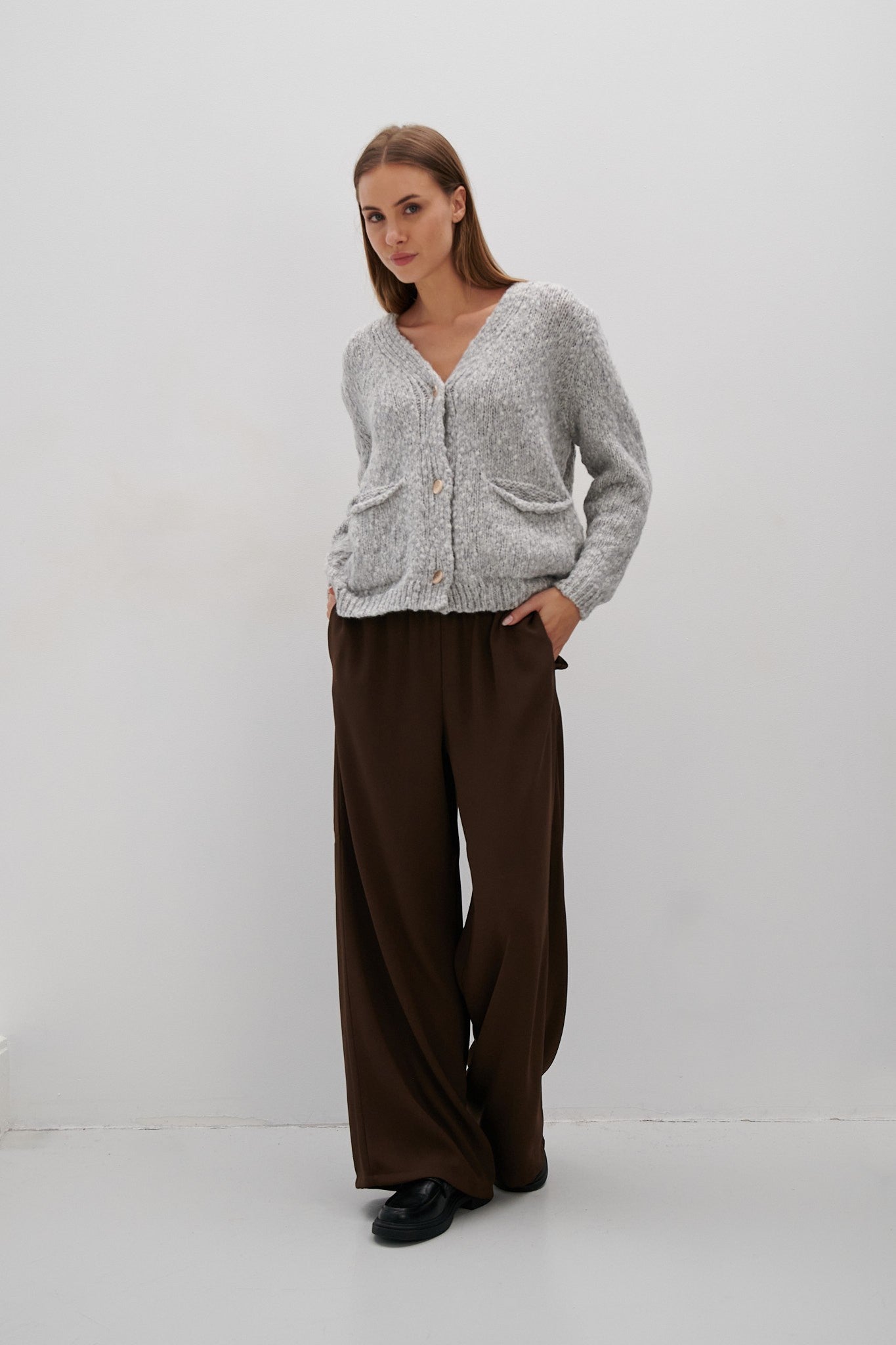 Kardigan z wełny alpaki i wełny dziewiczej szary - 1