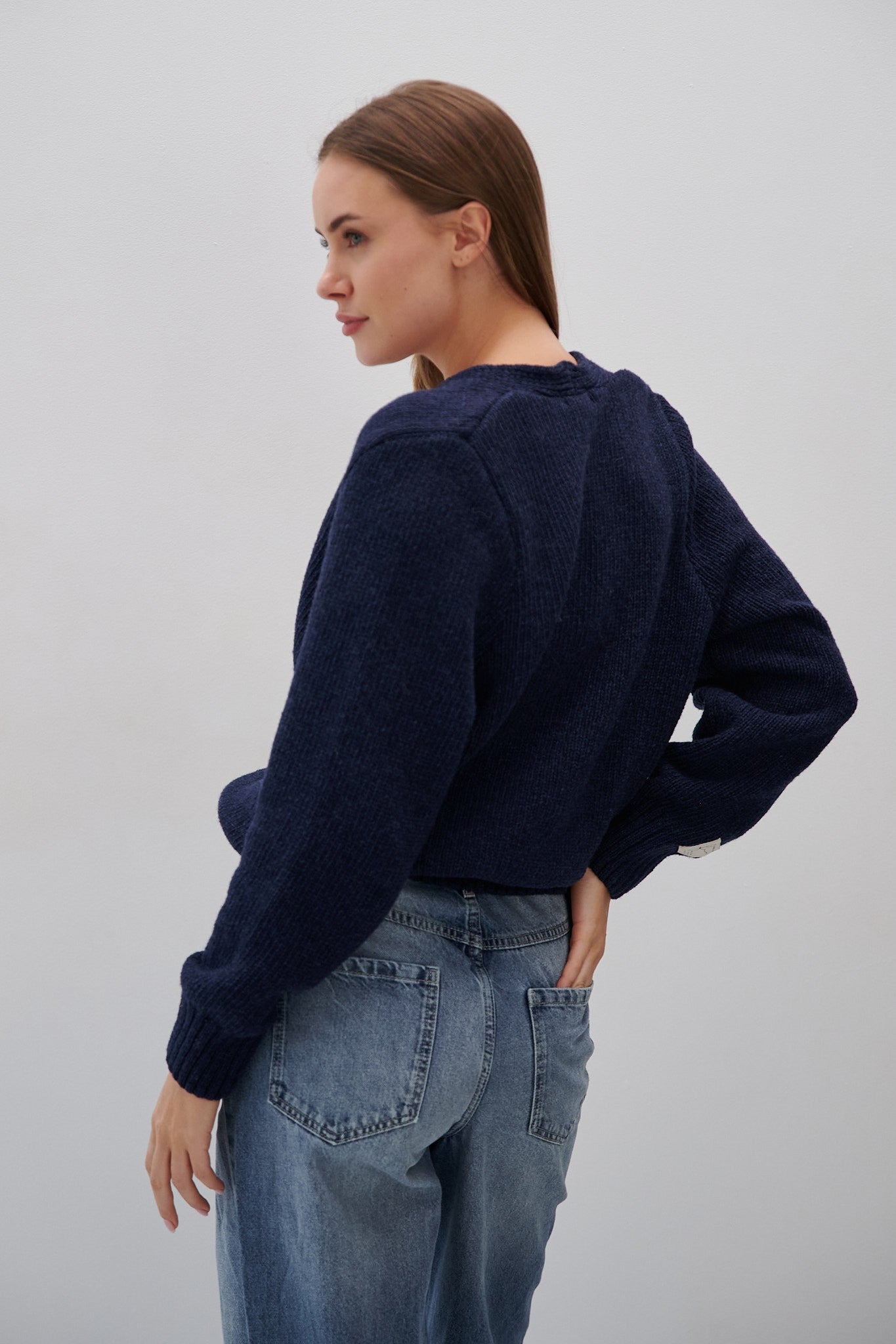 Kardigan z wełny merynos zapinany granat granatowy - 7