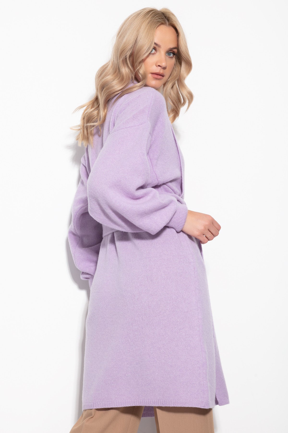 Kaszmirowy elegancki kardigan z paskiem mistyczny fiolet - 3